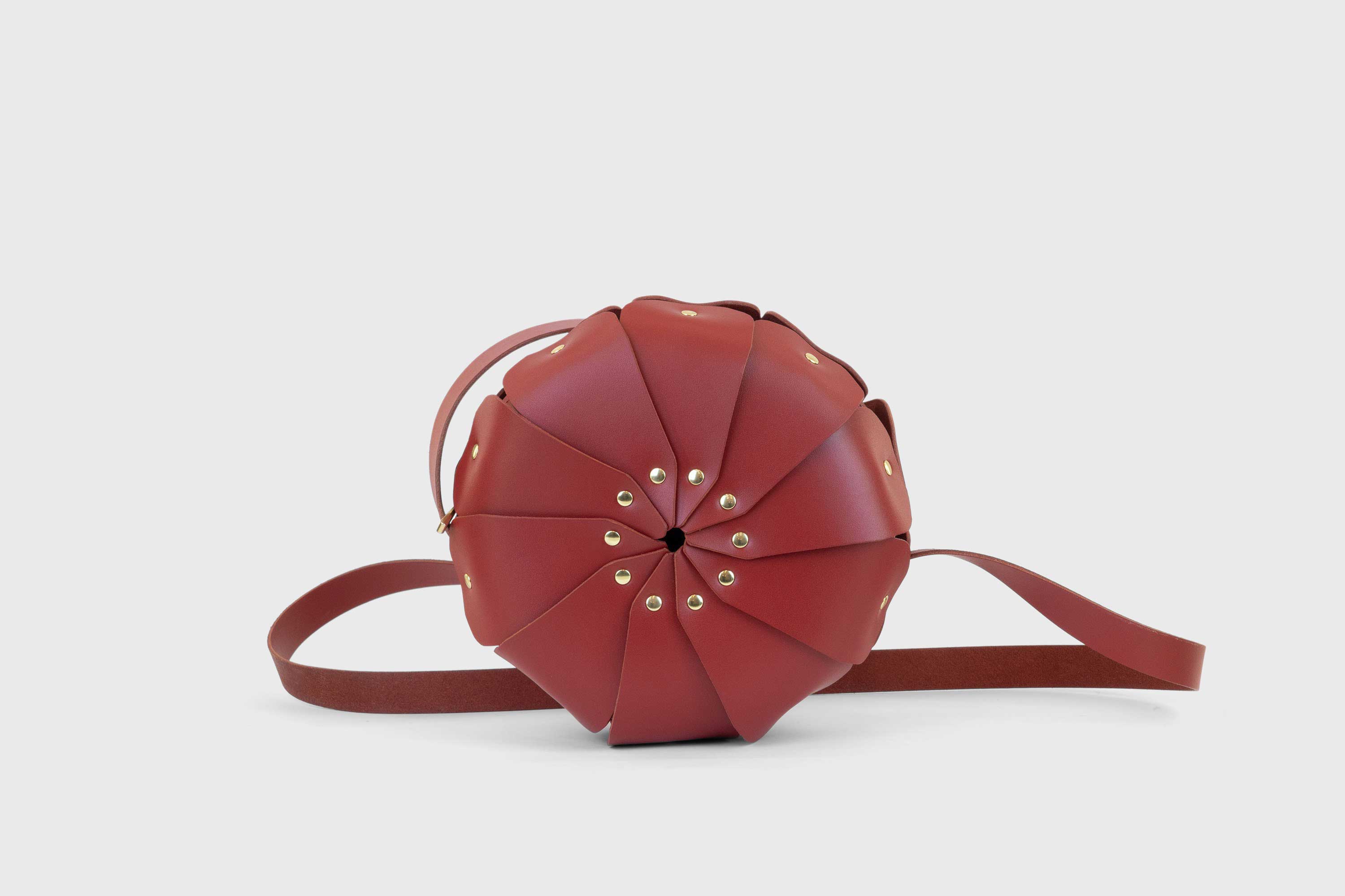 Anemo Leather Bag Front Red Color Floral Design Premium Minimalist Modern Circle Round Pouch Crossbody Atelier Madre Manuel Dreesmann Barcelona