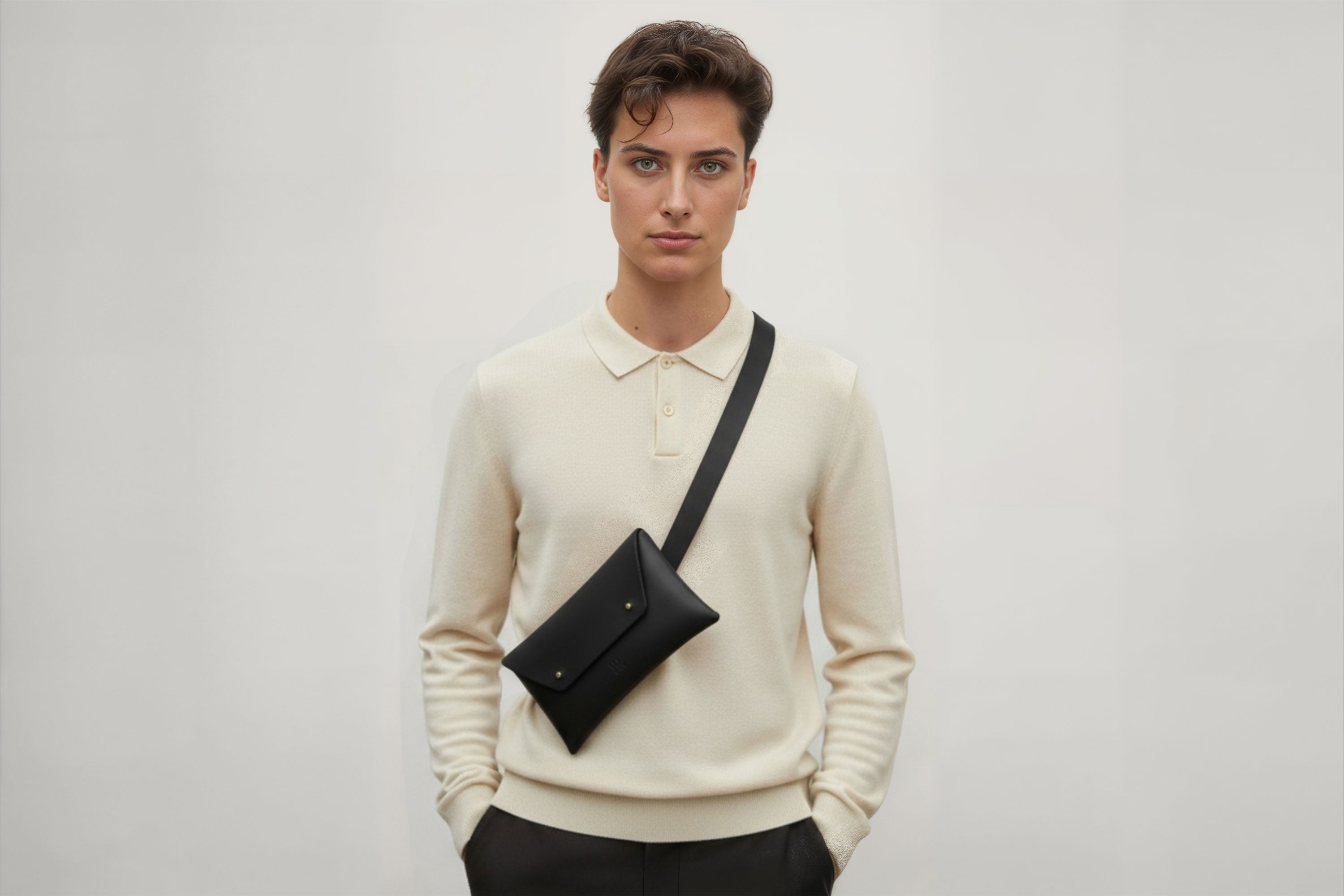 Belt Bag Leather Black Color On A Man Model Fanny Pack Waist Bag Vegetable Tanned Leather Full Grain Premium Quality Modern Minimalist Design Atelier Madre Manuel Dreesmann Barcelona Spain