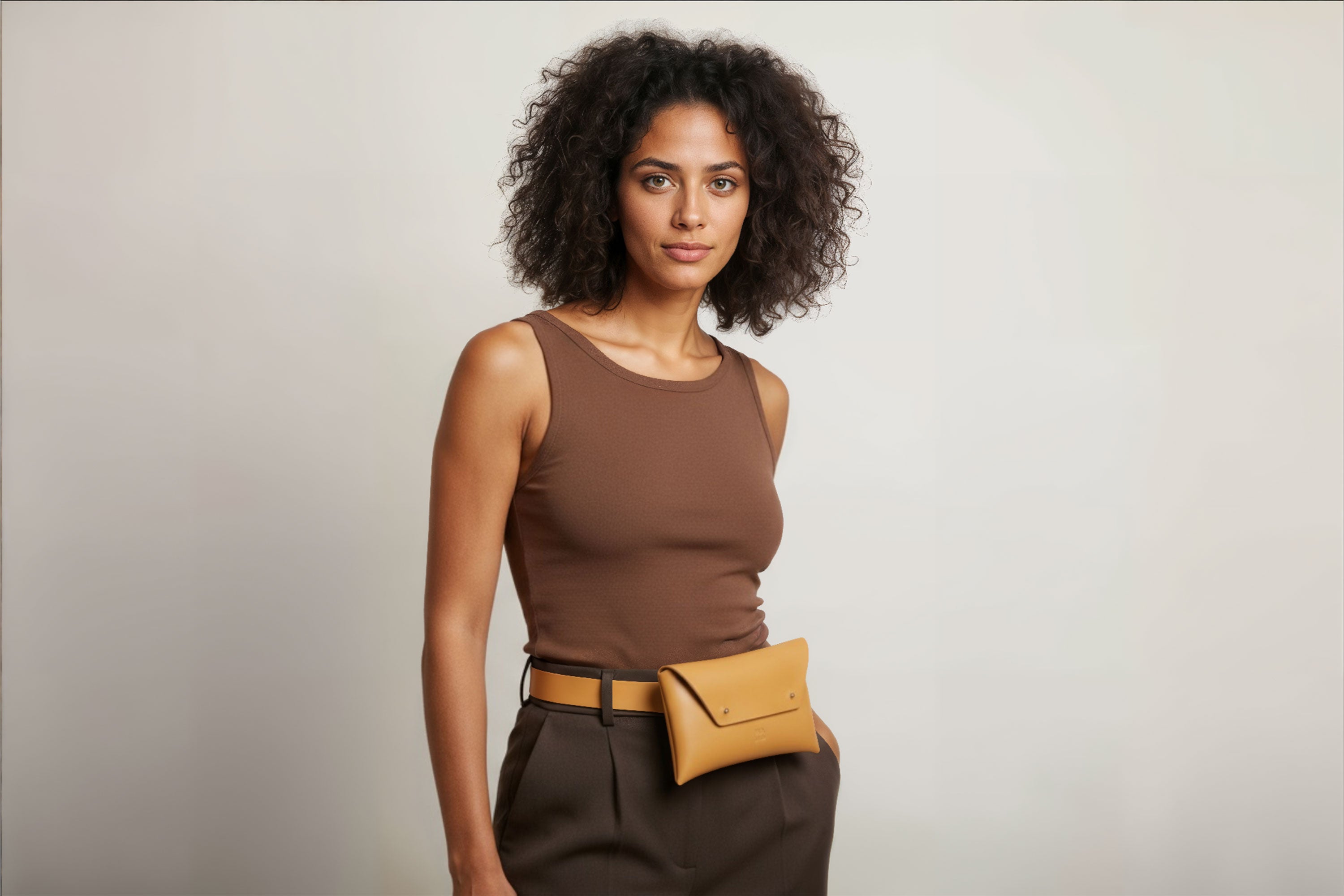 Belt Bag Leather Brown Color On A Woman Model Fanny Pack Waist Bag Vegetable Tanned Leather Full Grain Premium Quality Modern Minimalist Design Atelier Madre Manuel Dreesmann Barcelona Spain