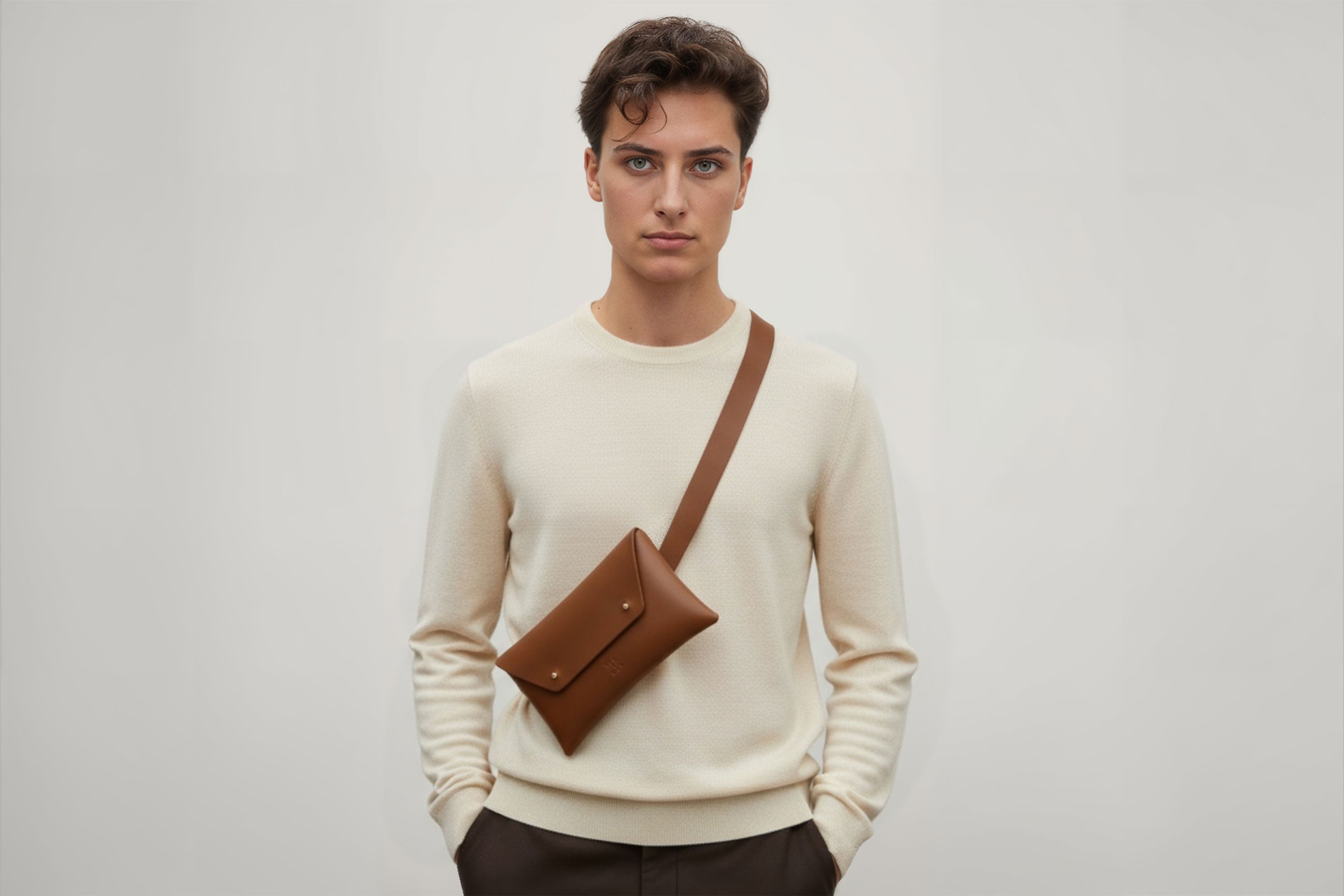 Belt Bag Leather Dark Brown Color On A Man Model Fanny Pack Waist Bag Vegetable Tanned Leather Full Grain Premium Quality Modern Minimalist Design Atelier Madre Manuel Dreesmann Barcelona Spain