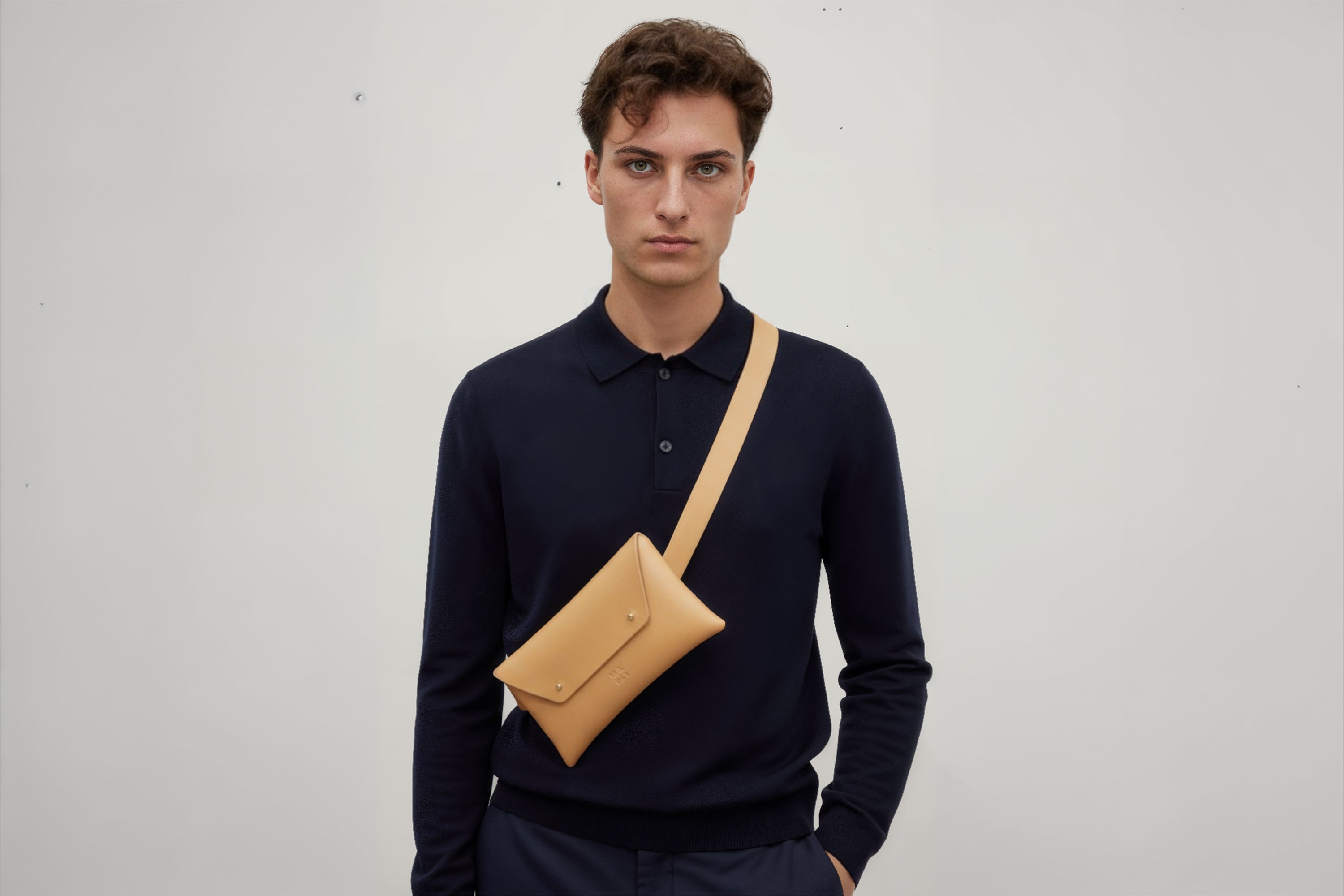 Belt Bag Leather Natural Color On A Man Model Fanny Pack Waist Bag Vegetable Tanned Leather Full Grain Premium Quality Modern Minimalist Design Atelier Madre Manuel Dreesmann Barcelona Spain