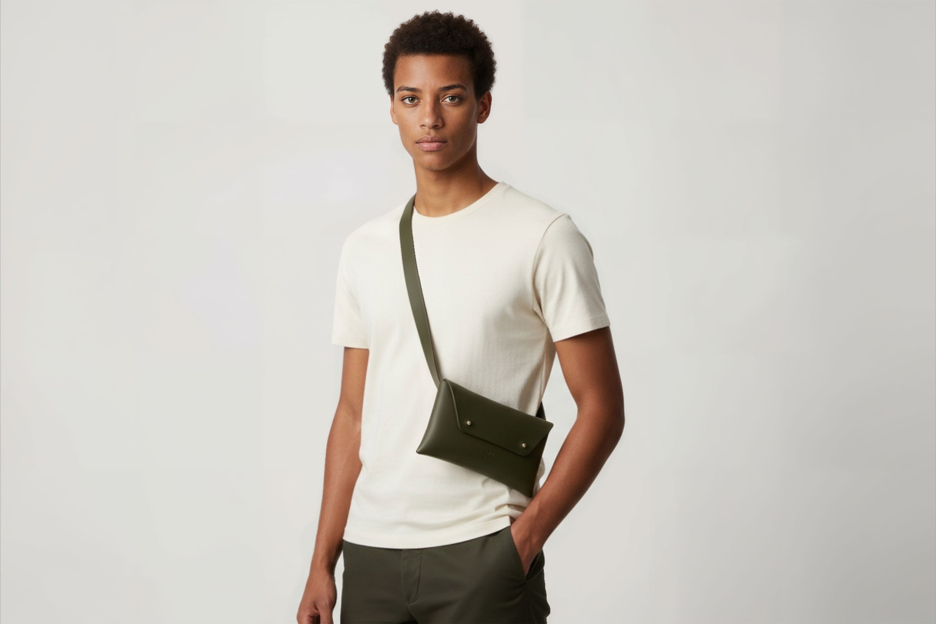 Belt Bag Leather Olive Green Color On A Man Model Fanny Pack Waist Bag Vegetable Tanned Leather Full Grain Premium Quality Modern Minimalist Design Atelier Madre Manuel Dreesmann Barcelona Spain