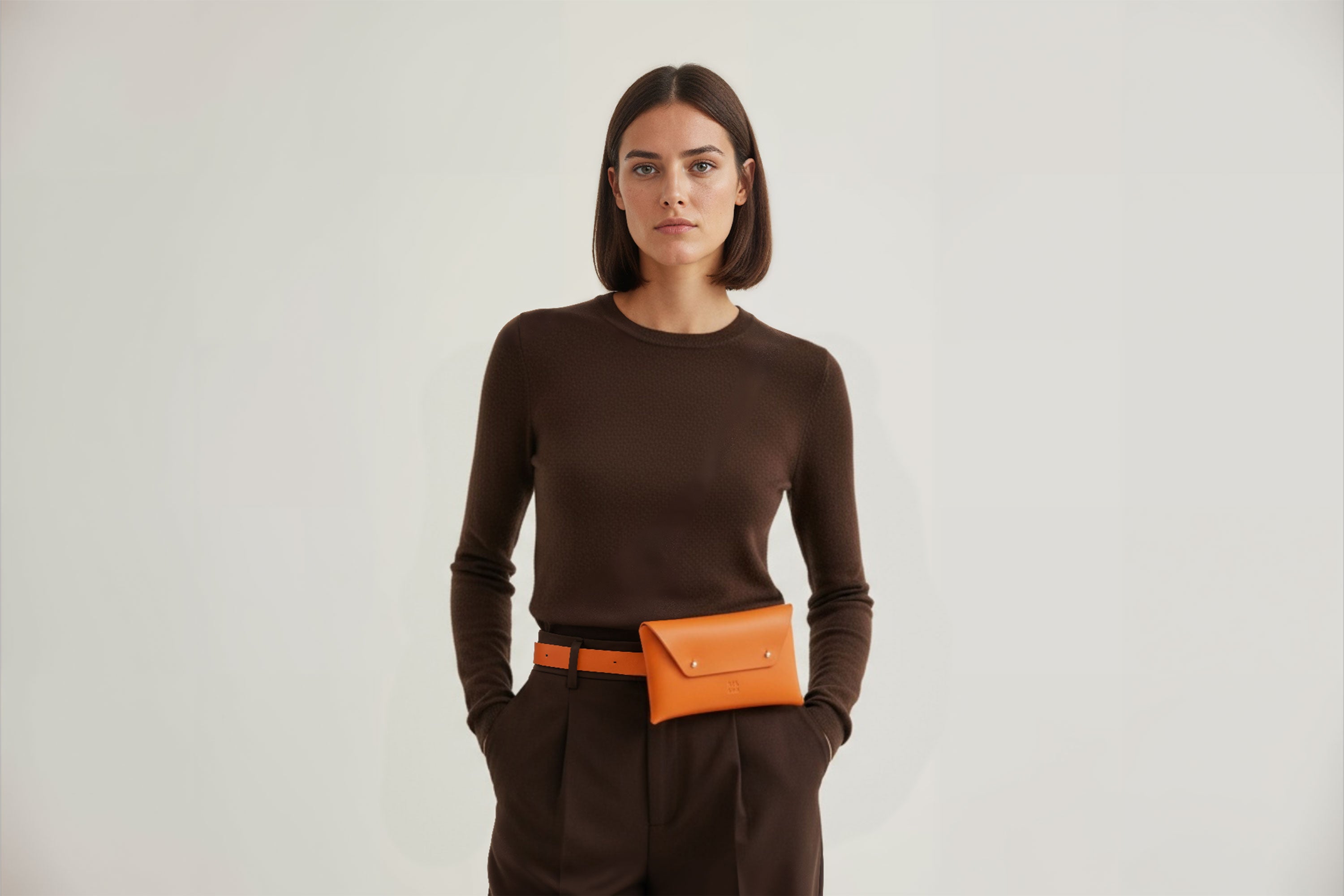 Belt Bag Leather Orange Color On A Woman Model Fanny Pack Waist Bag Vegetable Tanned Leather Full Grain Premium Quality Modern Minimalist Design Atelier Madre Manuel Dreesmann Barcelona Spain