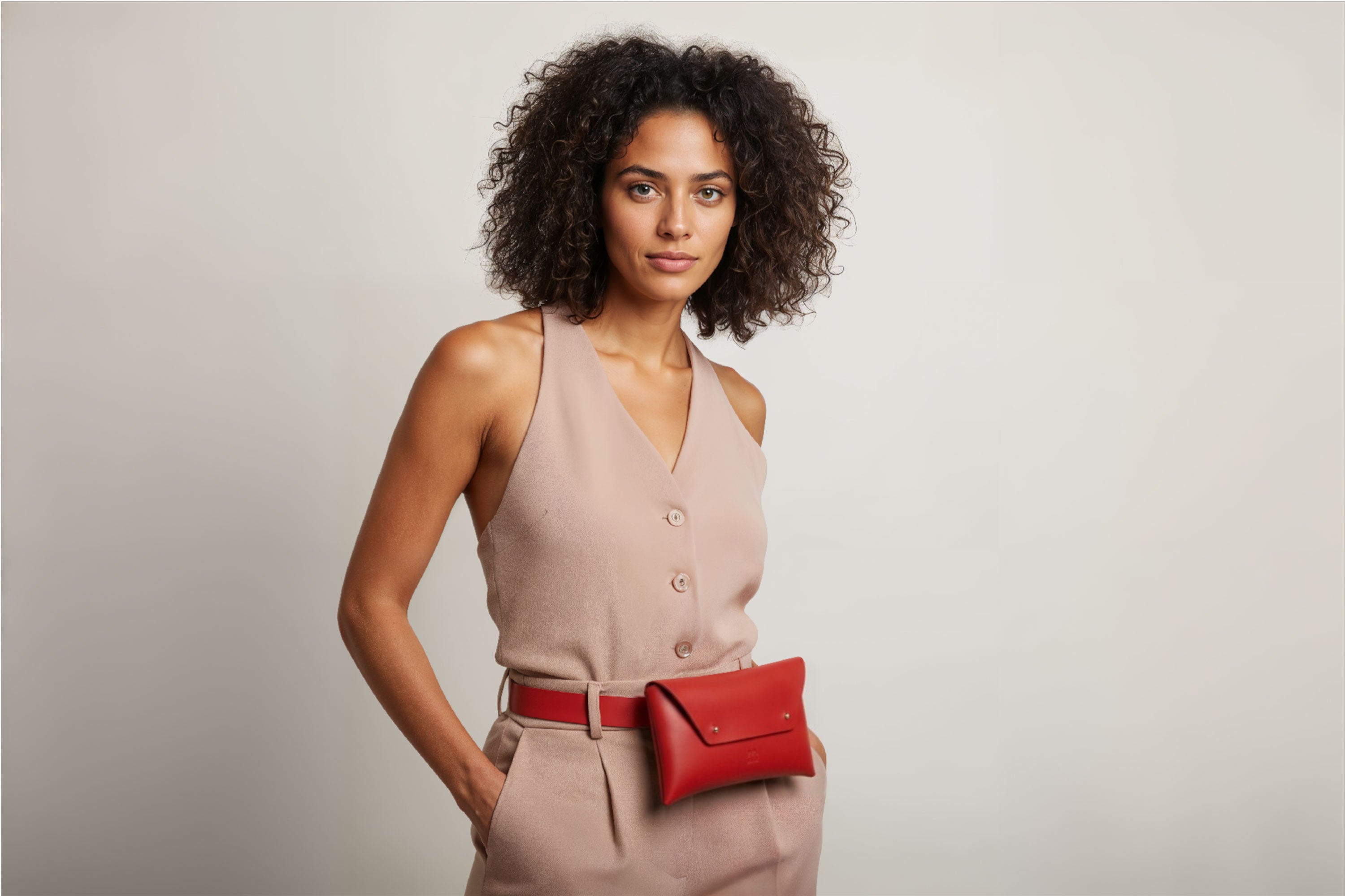 Belt Bag Leather Red Color On A Woman Model Fanny Pack Waist Bag Vegetable Tanned Leather Full Grain Premium Quality Modern Minimalist Design Atelier Madre Manuel Dreesmann Barcelona Spain