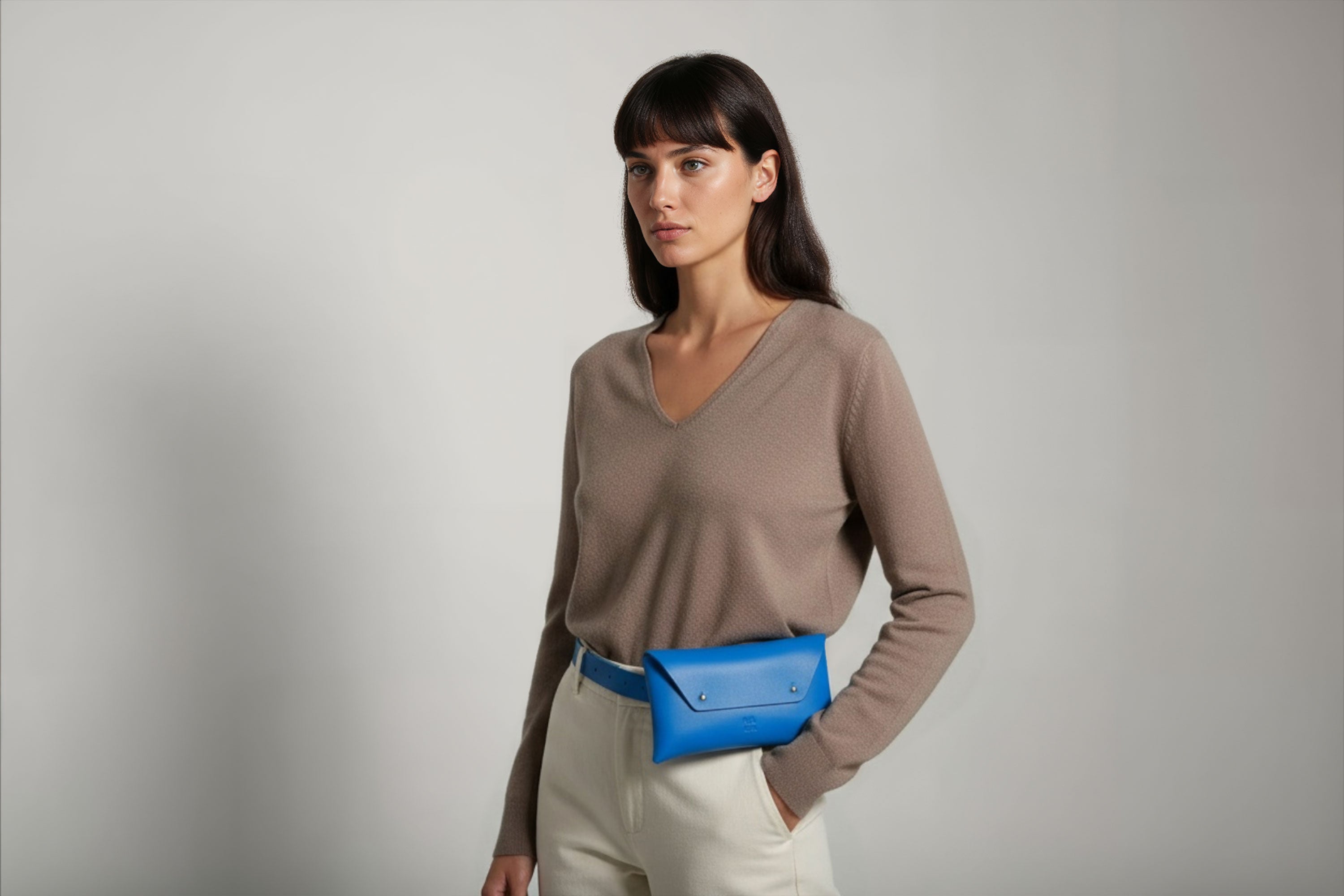 Belt Bag Leather Royal Blue Color On A Woman Model Fanny Pack Waist Bag Vegetable Tanned Leather Full Grain Premium Quality Modern Minimalist Design Atelier Madre Manuel Dreesmann Barcelona Spain