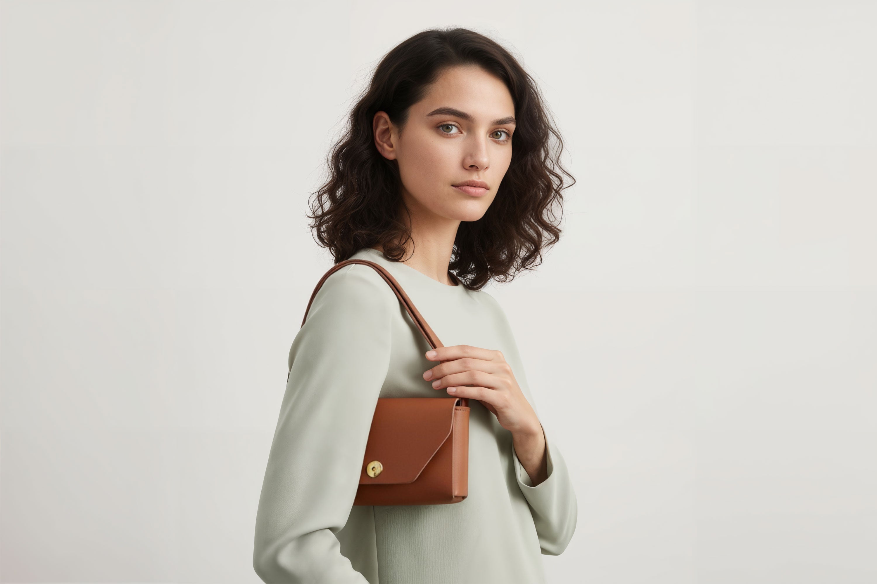 Brick Bag  Dark Brown Color Leather On Woman Model Bright Background Vegetable Tanned Leather Modern Minimalist Design Premium Quality Atelier Madre Manuel Dreesmann Barcelona Spain