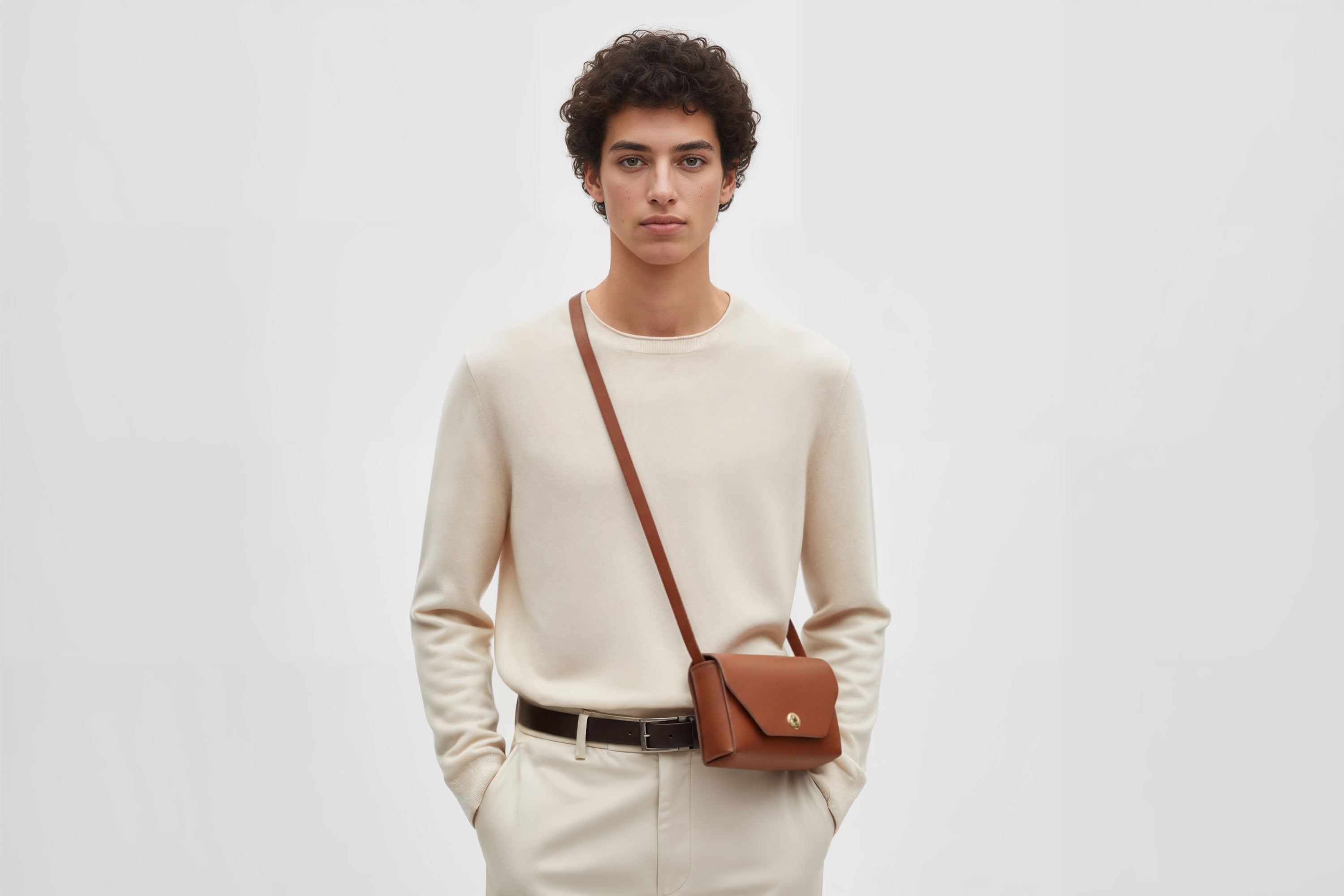 Brick Bag  Dark Brown Color Leather On Man Model Bright Background Vegetable Tanned Leather Modern Minimalist Design Premium Quality Atelier Madre Manuel Dreesmann Barcelona Spain