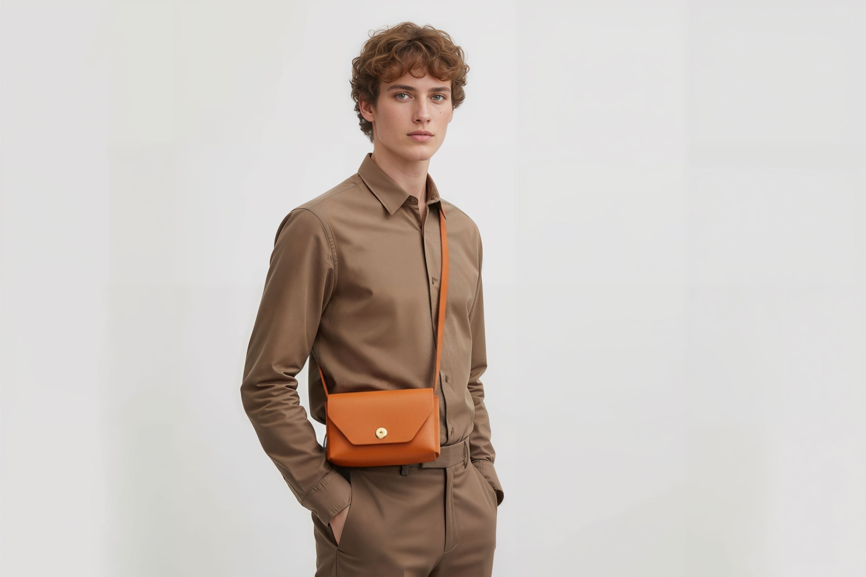 Brick Bag Orange Color Leather On Man Model Bright Background Vegetable Tanned Leather Modern Minimalist Design Premium Quality Atelier Madre Manuel Dreesmann Barcelona Spain