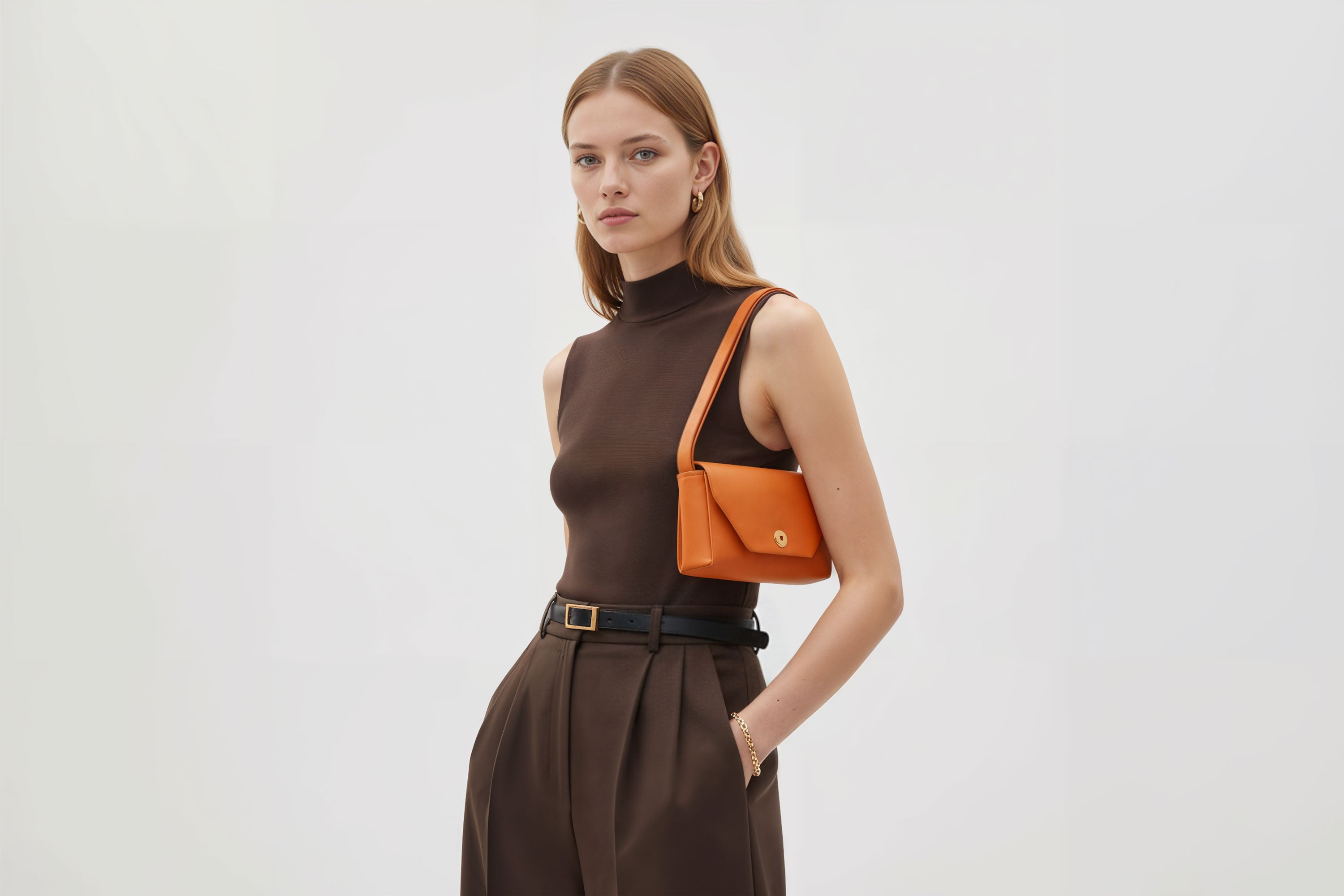 Brick Bag Orange Color Leather On Woman Model Bright Background Vegetable Tanned Leather Modern Minimalist Design Premium Quality Atelier Madre Manuel Dreesmann Barcelona Spain