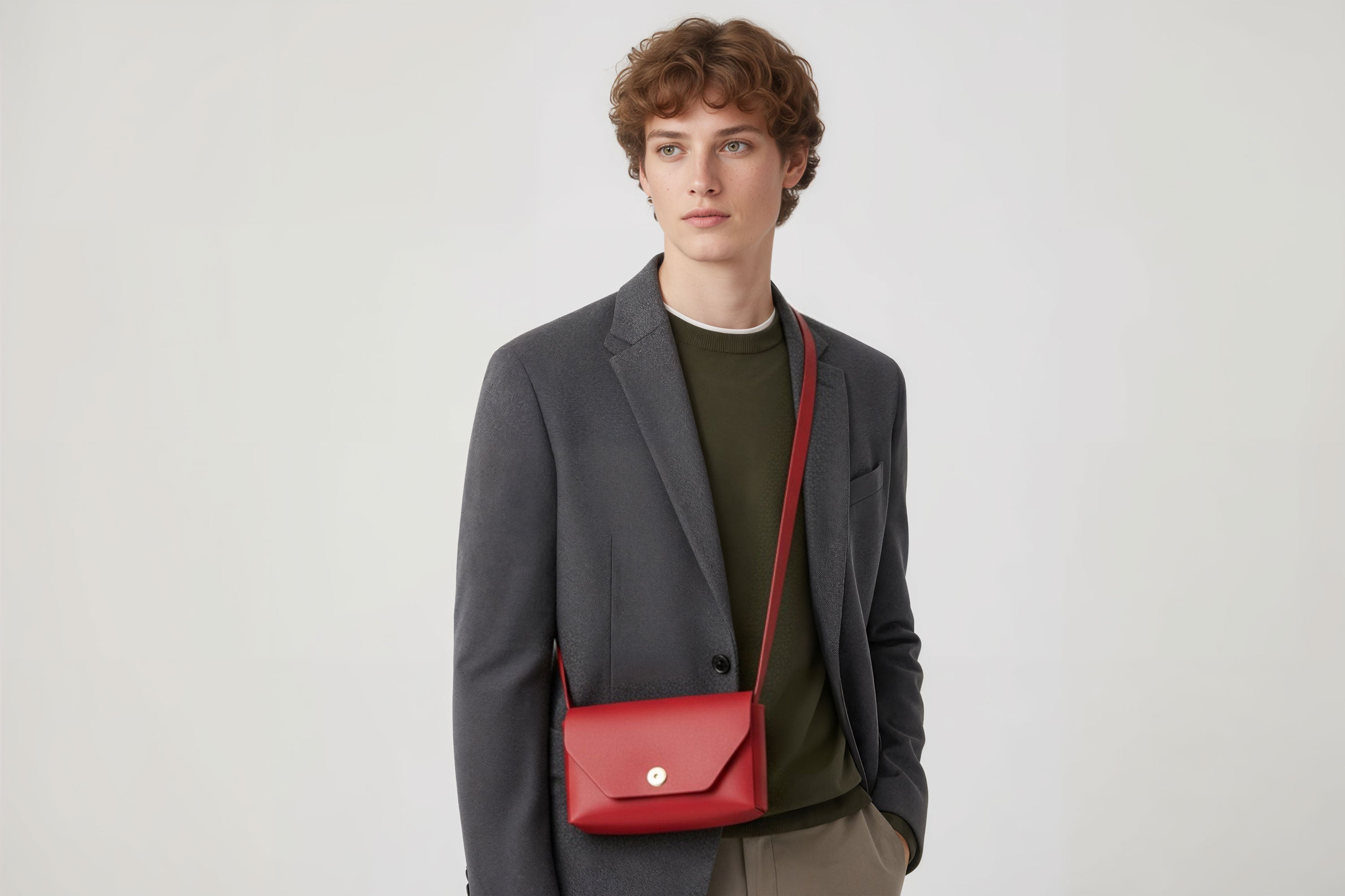 Brick Bag Red Color Leather On Man Model Bright Background Vegetable Tanned Leather Modern Minimalist Design Premium Quality Atelier Madre Manuel Dreesmann Barcelona Spain