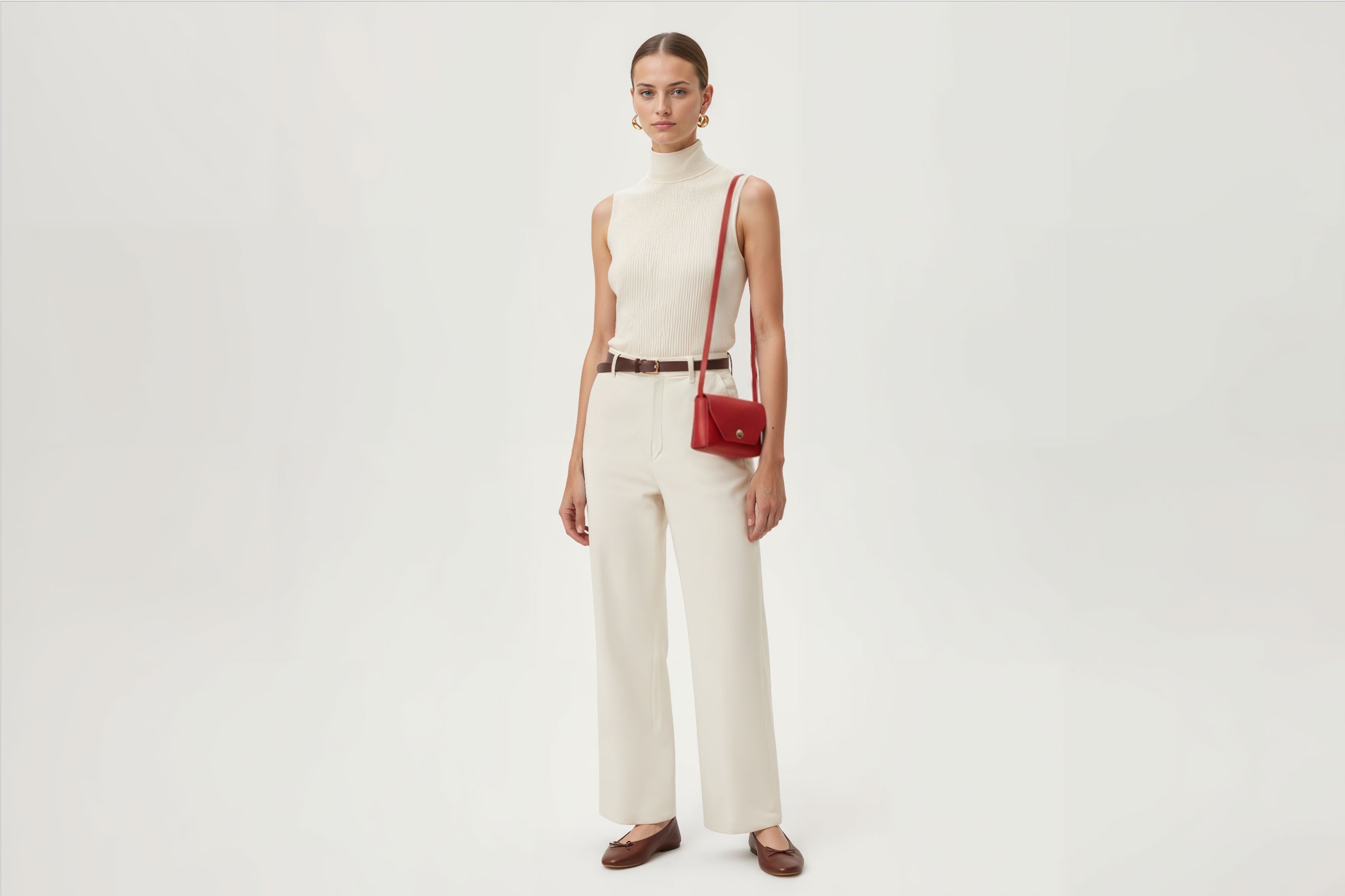 Brick Bag Red Color Leather On Woman Model Bright Background Vegetable Tanned Leather Modern Minimalist Design Premium Quality Atelier Madre Manuel Dreesmann Barcelona Spain
