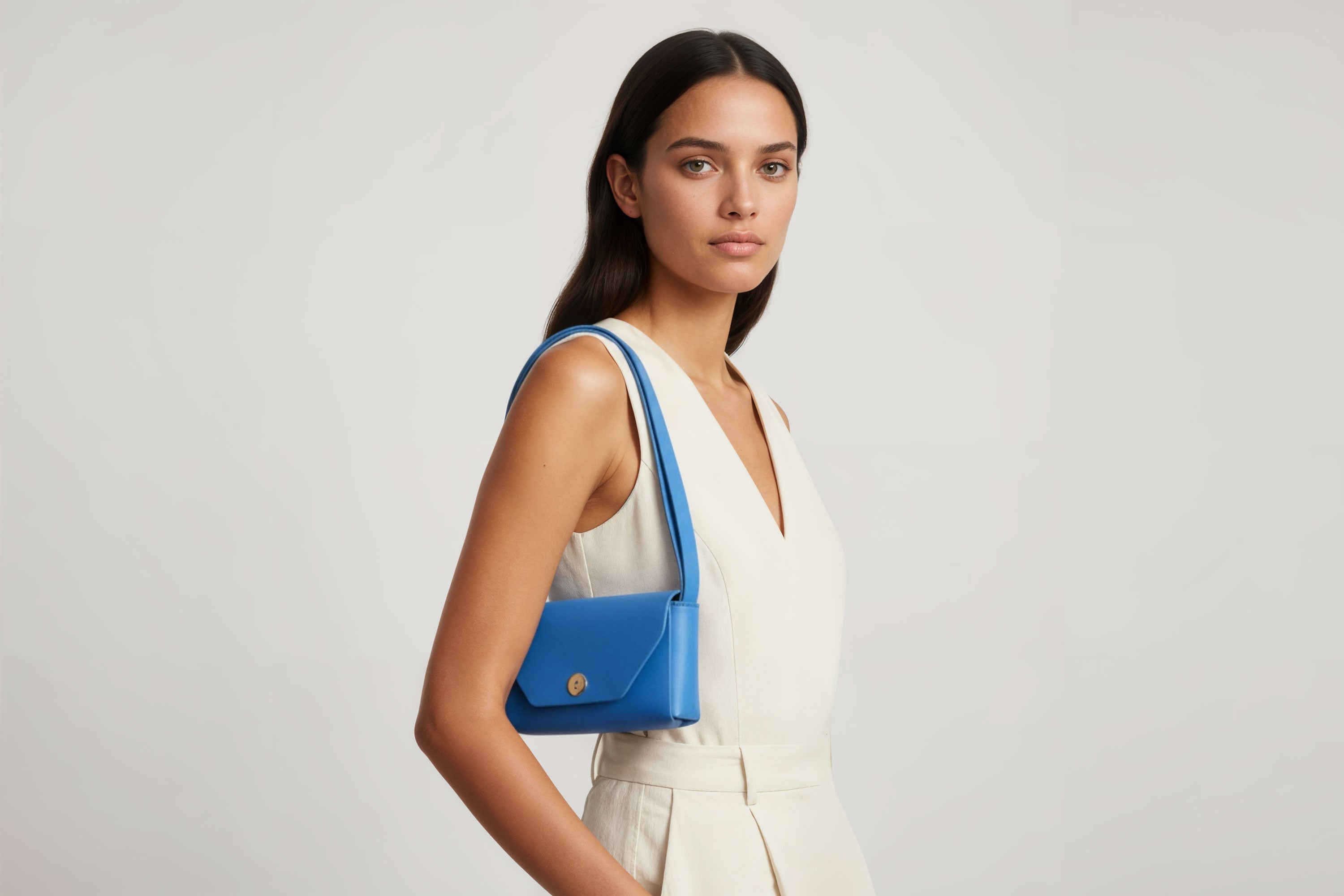 Brick Bag Royal Blue Color Leather On Woman Model Bright Background Vegetable Tanned Leather Modern Minimalist Design Premium Quality Atelier Madre Manuel Dreesmann Barcelona Spain