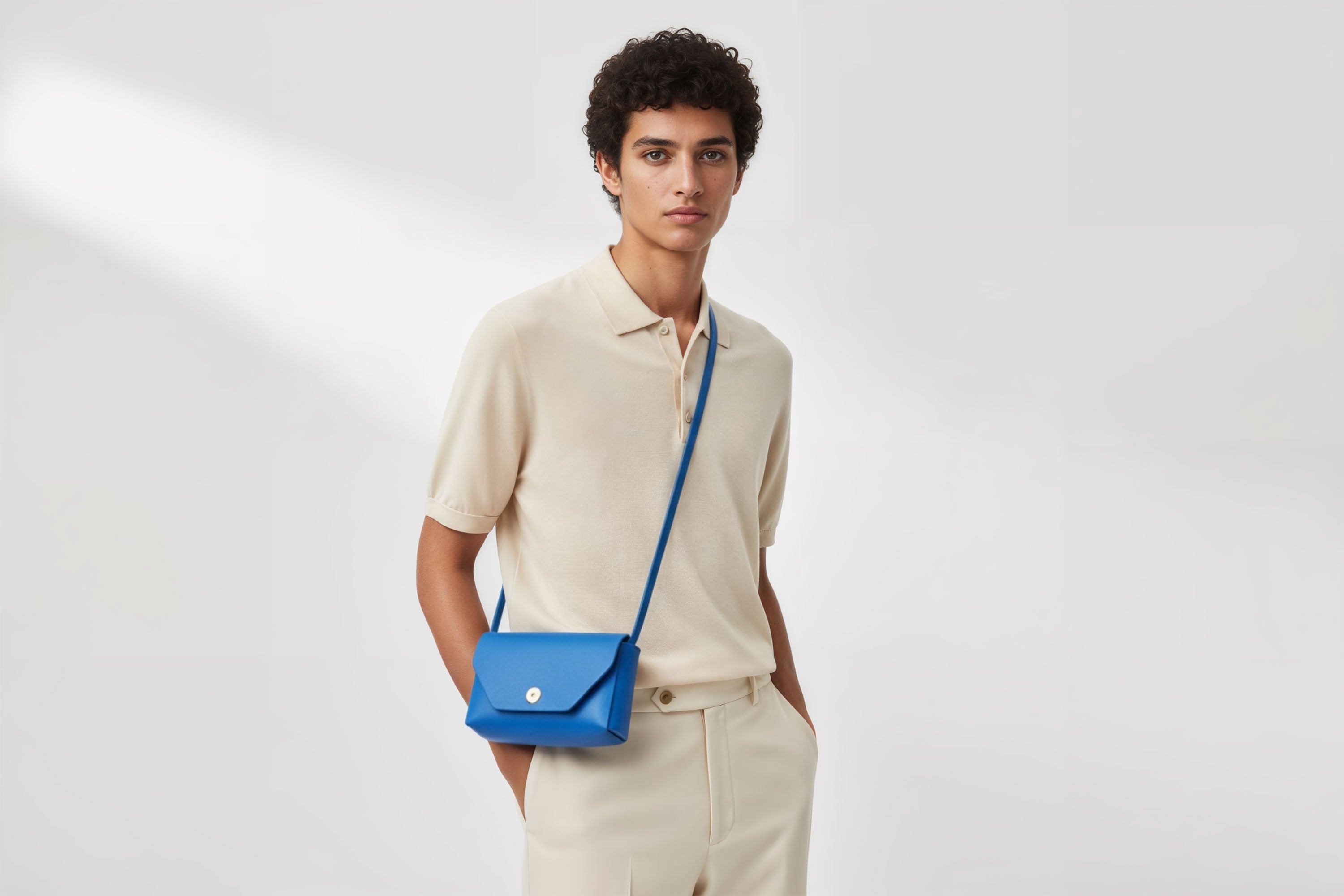 Brick Bag Royal Blue Color Leather On Man Model Bright Background Vegetable Tanned Leather Modern Minimalist Design Premium Quality Atelier Madre Manuel Dreesmann Barcelona Spain