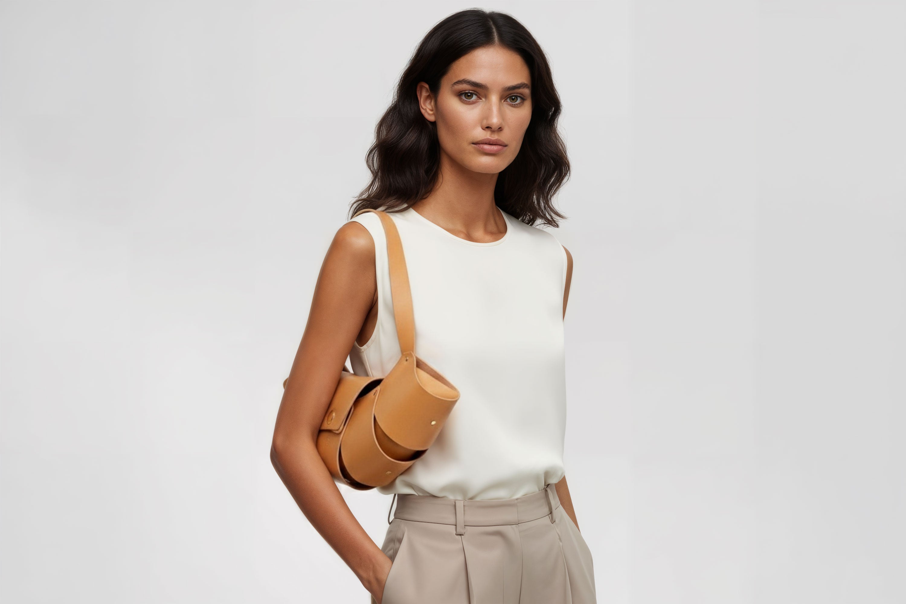 Croissant Bag Big Brown Leather Magnetic Closure On A Woman Model Full Grain Vegetable Tanned Leather High Quality Modern Minimalistic Organic Design Full Brass Rivets Atelier Madre Manuel Dreesmann Barcelona Spain