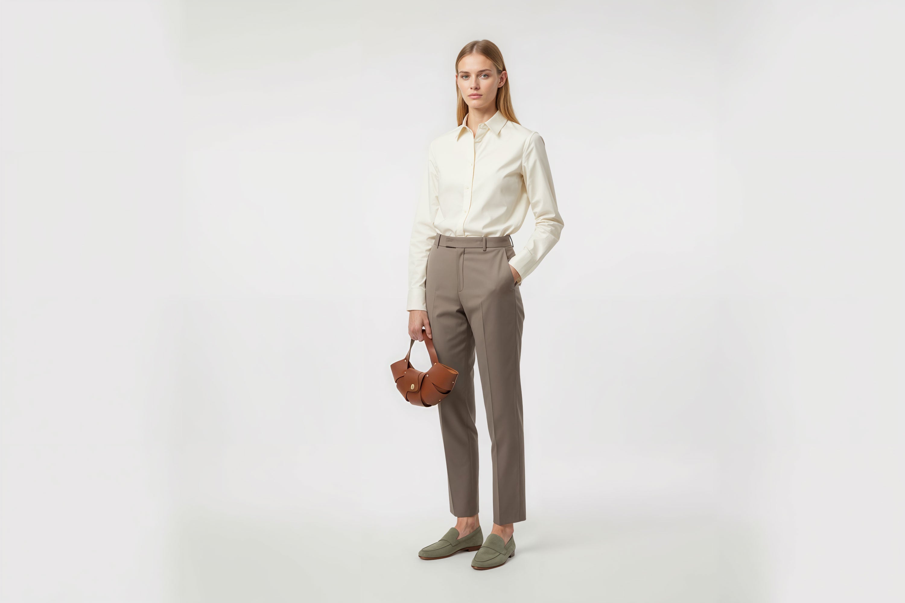 Croissant Bag Dark Brown Color Leather Minimalistic Design On Model White Background Atelier Madre Manuel Dreesmann Barcelona