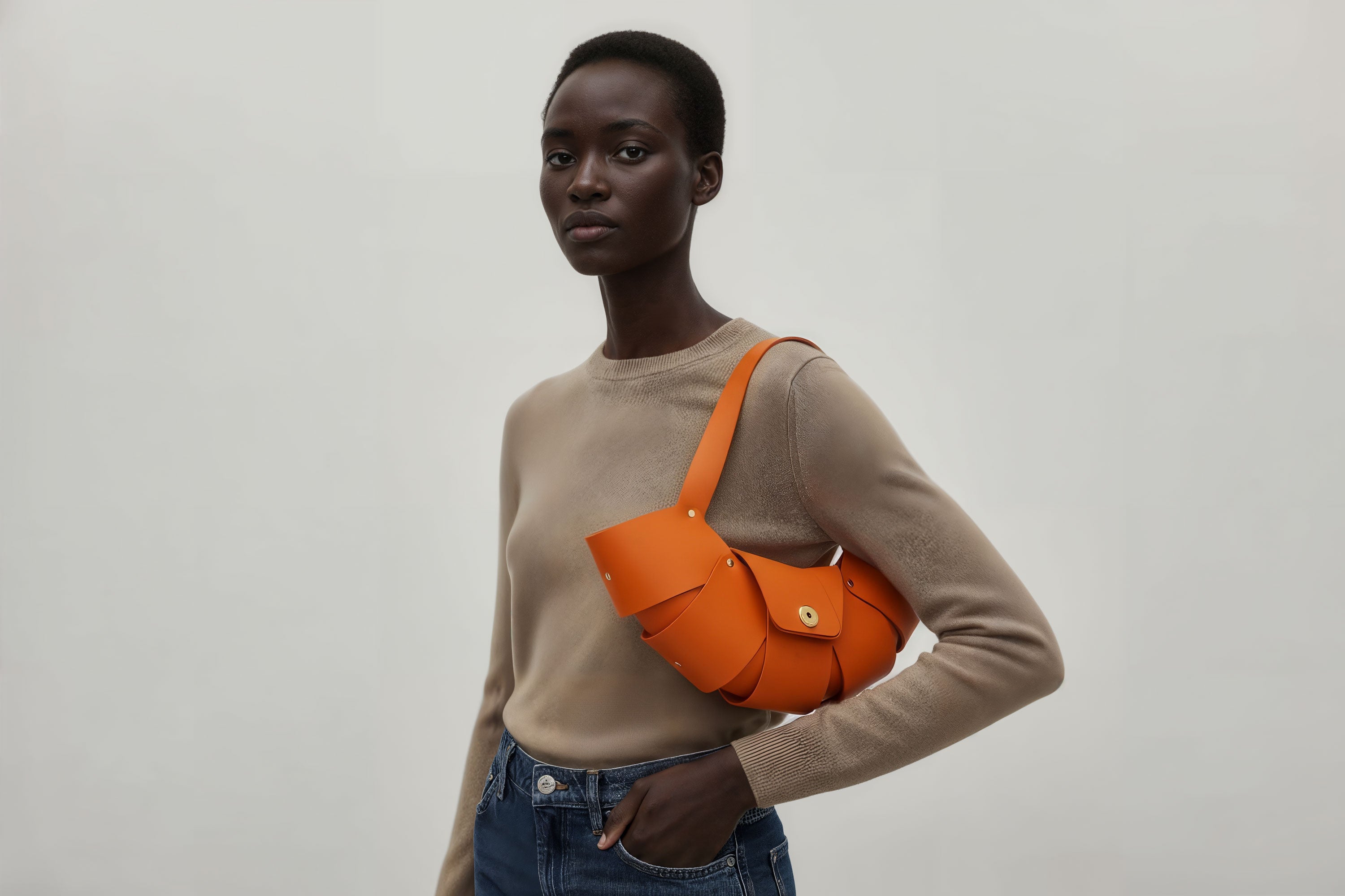 Croissant Bag Orange Color Leather Minimalistic Design On Model White Background Atelier Madre Manuel Dreesmann Barcelona