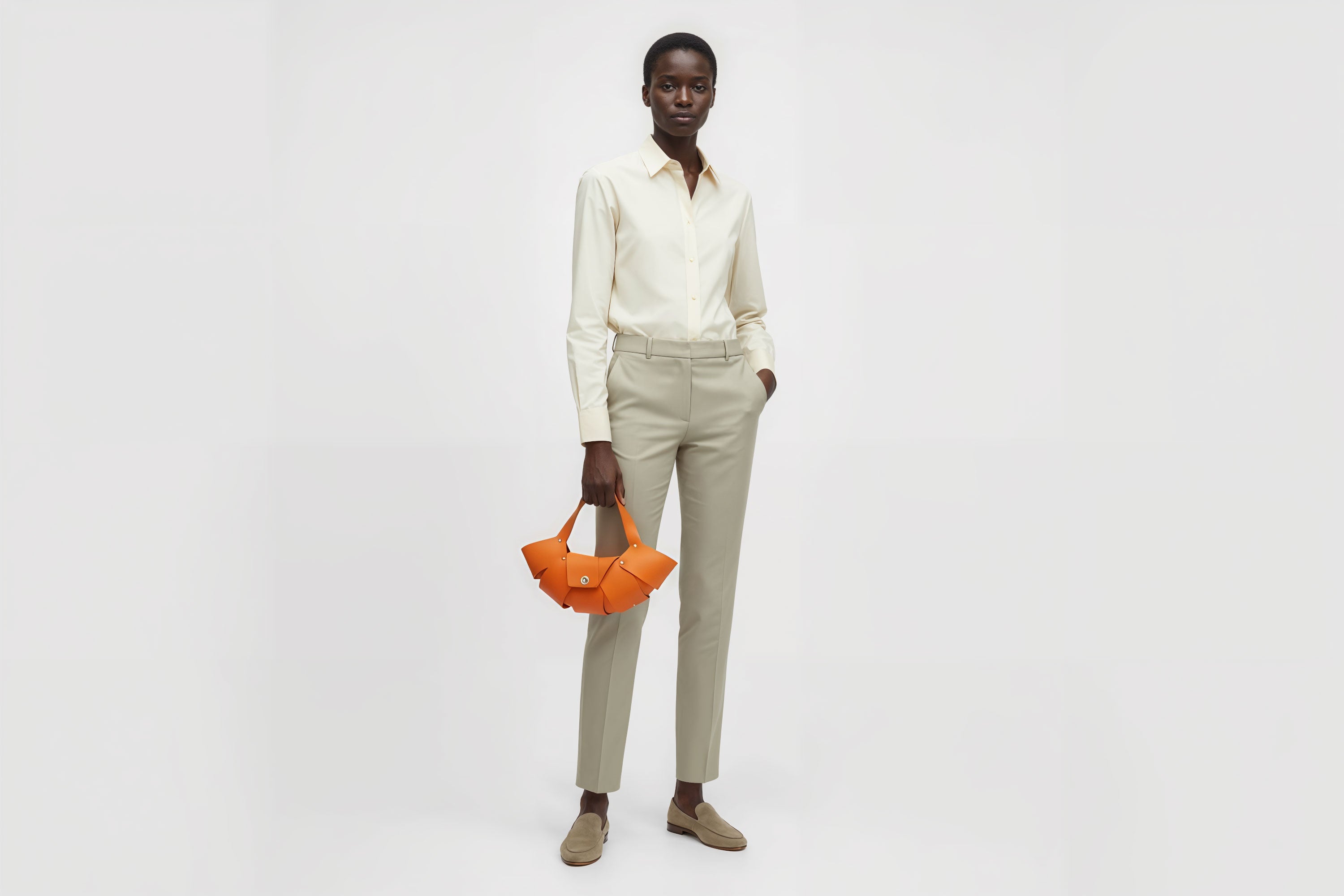 Croissant Bag Orange Color Leather Minimalistic Design On Model White Background Atelier Madre Manuel Dreesmann Barcelona