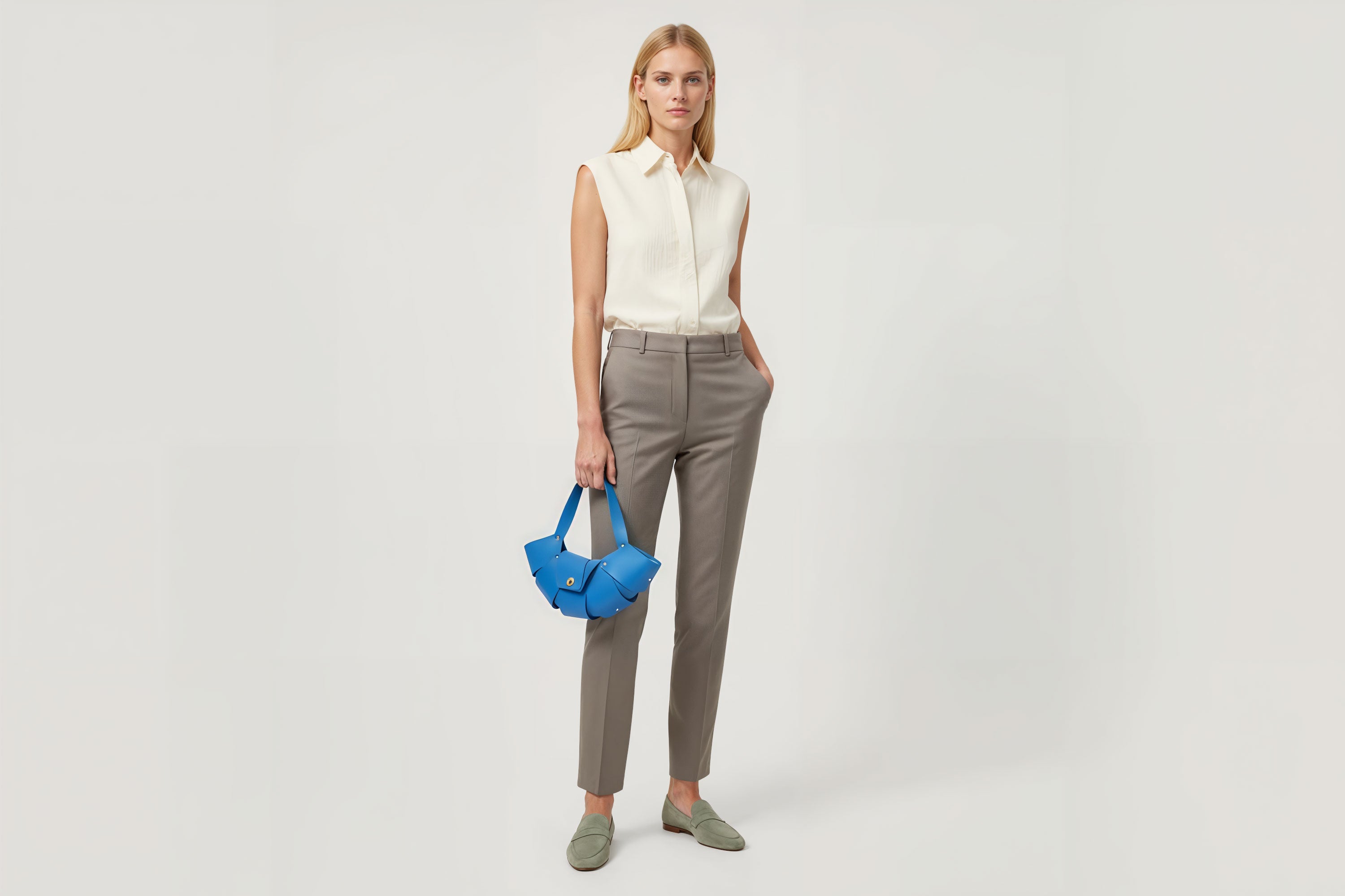 Croissant Bag Royal Blue Color Leather Minimalistic Design On Model White Background Atelier Madre Manuel Dreesmann Barcelona