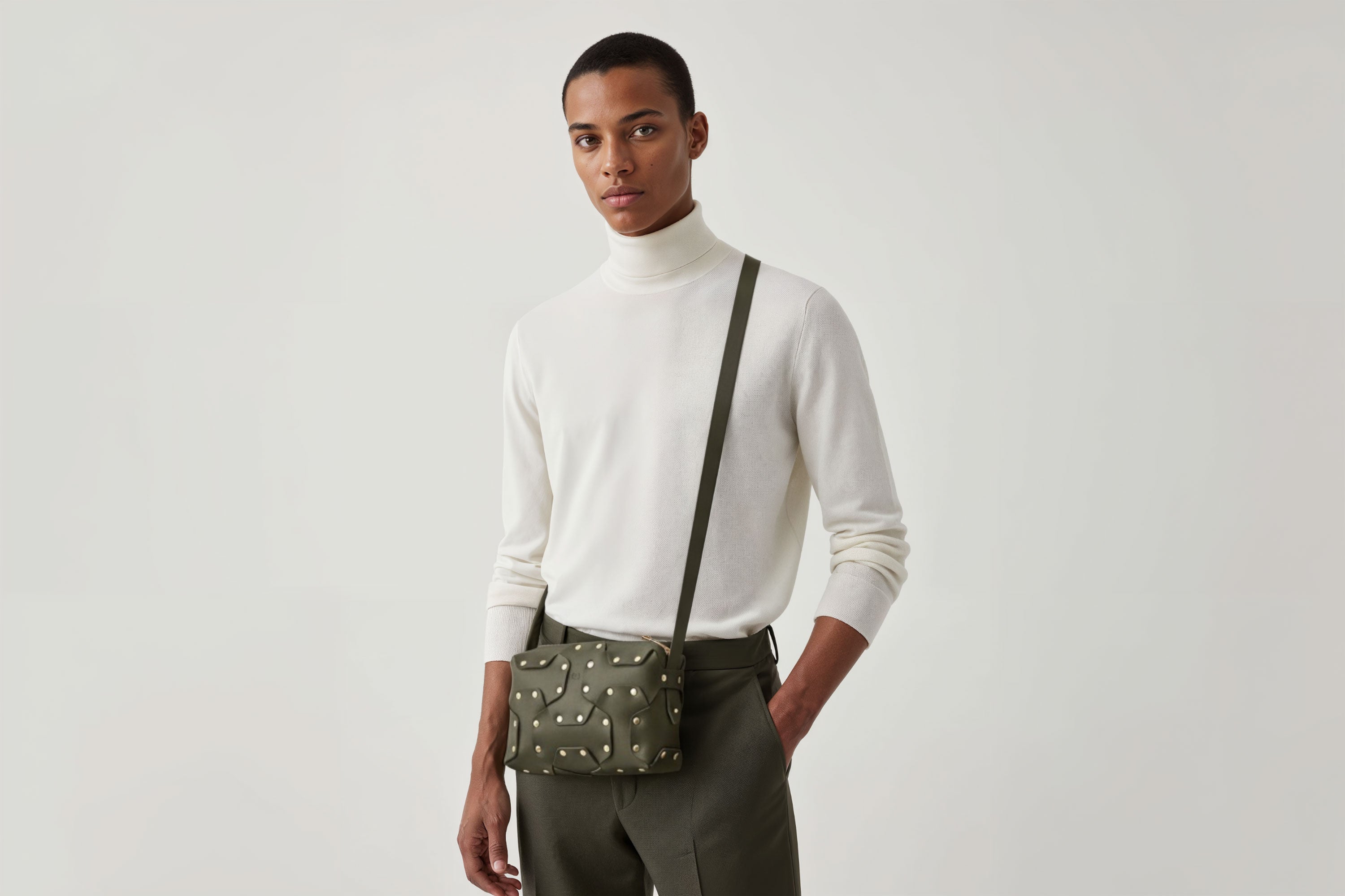 Double Rivet Bag Olive Green Color On A Man Model Leather Full Grain Vegetable Tanned Leather Modern Minimalist Design Premium Quality Full Brass Clutch Crossbody Shoulder Bag Atelier Madre Manuel Dreesmann Barcelona Spain
