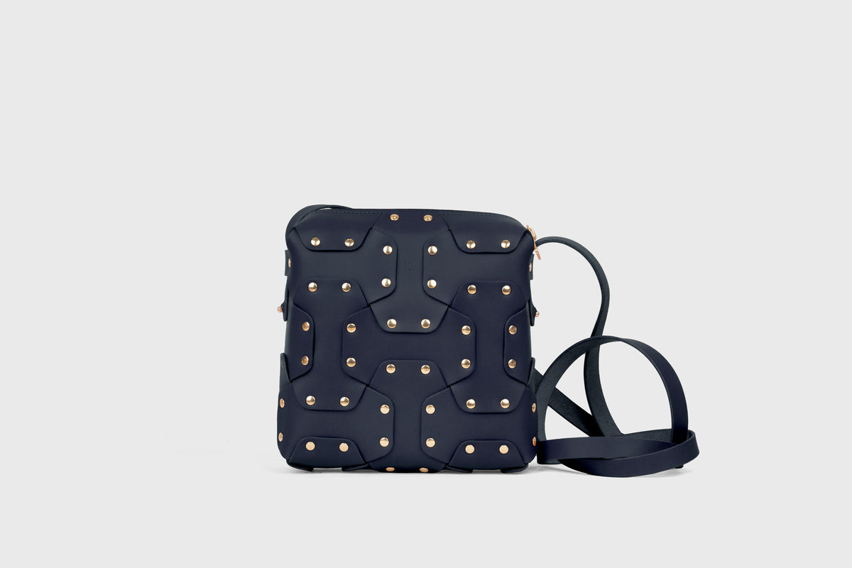 Double Rivet Bag Squared, Marine Blue Colour, Vegetable-Tanned Leather, Modern Minimal Design. Premium Quality, Atelier Madre, Manuel-Dreesmann, Barcelona