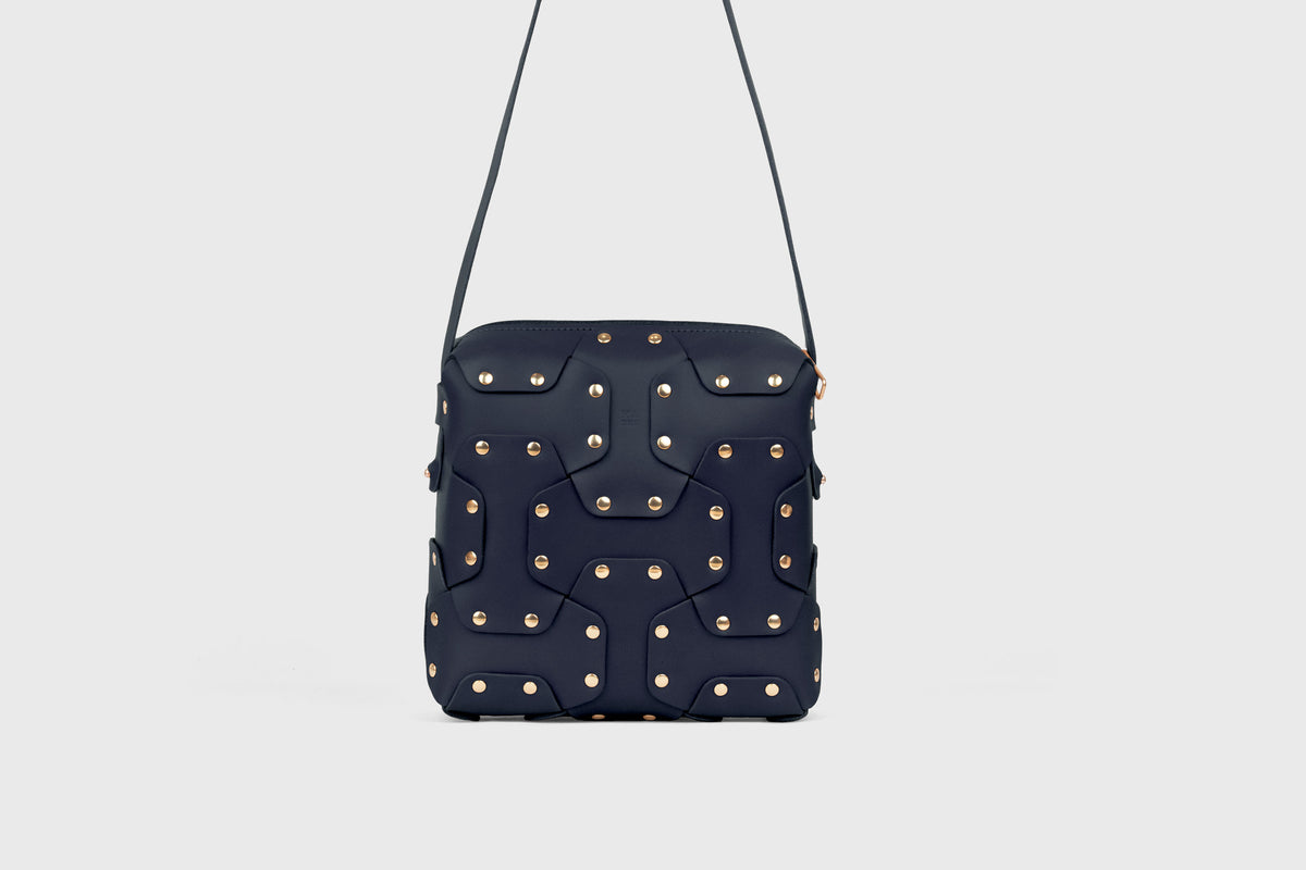 Double Rivet Bag Squared, Marine Blue Colour, Vegetable-Tanned Leather, Modern Minimal Design. Premium Quality, Atelier Madre, Manuel-Dreesmann, Barcelona