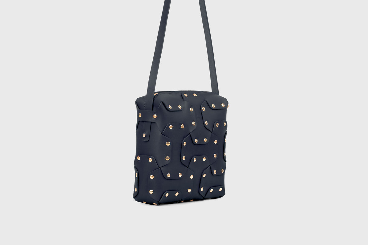 Double Rivet Bag Squared, Marine Blue Colour, Vegetable-Tanned Leather, Modern Minimal Design. Premium Quality, Atelier Madre, Manuel-Dreesmann, Barcelona