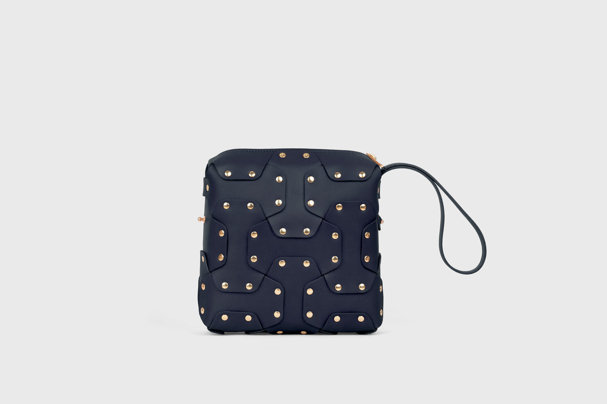 Double Rivet Bag Squared, Marine Blue Colour, Vegetable-Tanned Leather, Modern Minimal Design. Premium Quality, Atelier Madre, Manuel-Dreesmann, Barcelona