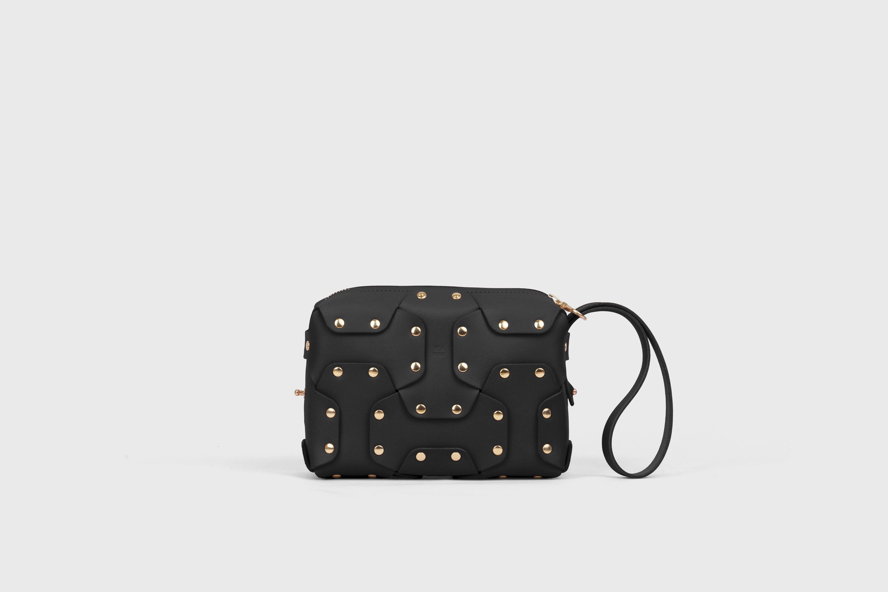 Double Rivet Bag, Black Color,  Leather Full Grain Vegetable Tanned Leather Modern Minimalist Design Premium Quality Full Brass Clutch Crossbody Shoulder Bag from Atelier Madre, Manuel Dreesmann Barcelona Spain
