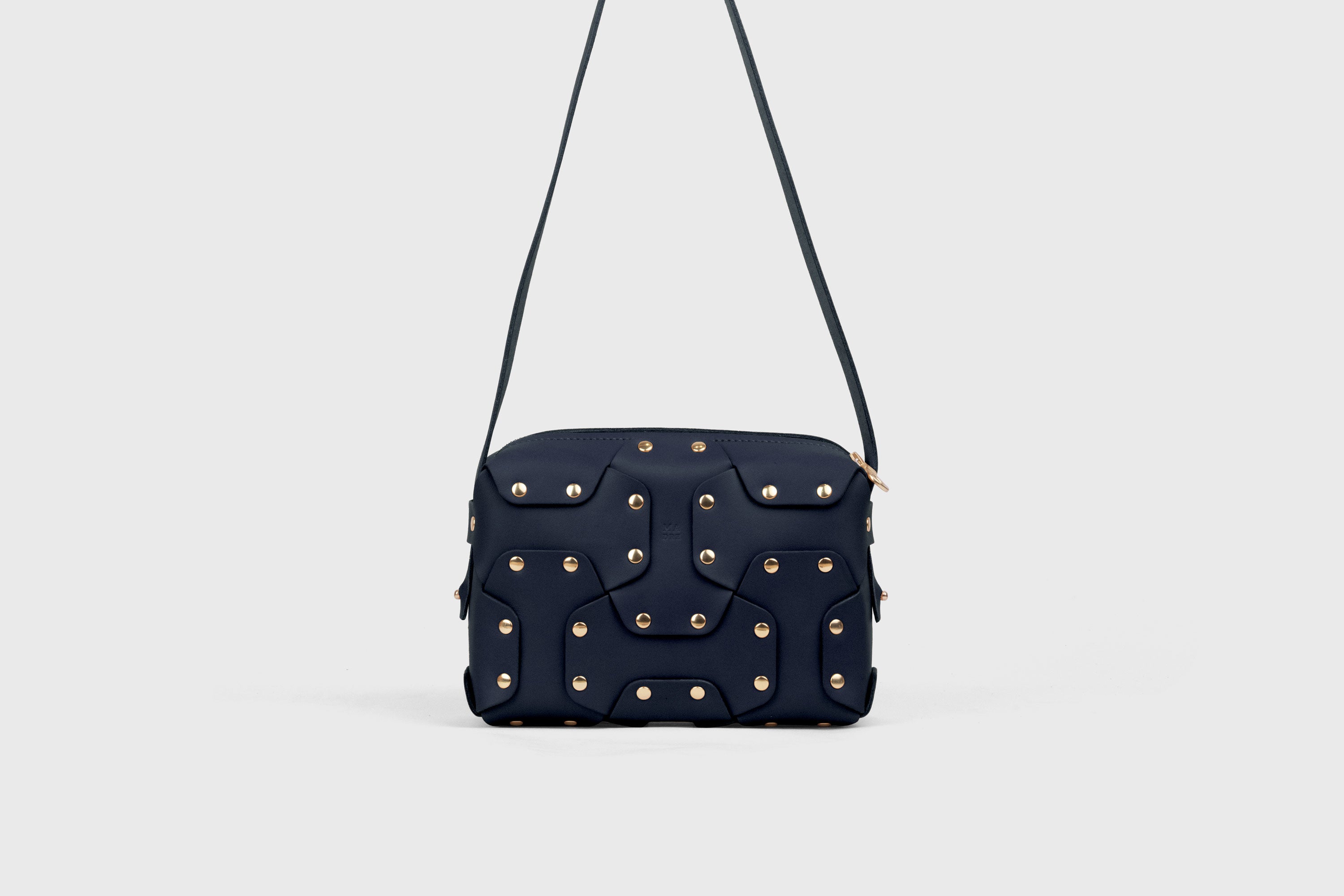Double Rivet Bag, Marine Blue Color,  Leather Full Grain Vegetable Tanned Leather Modern Minimalist Design Premium Quality Full Brass Clutch Crossbody Shoulder Bag from Atelier Madre, Manuel Dreesmann Barcelona Spain