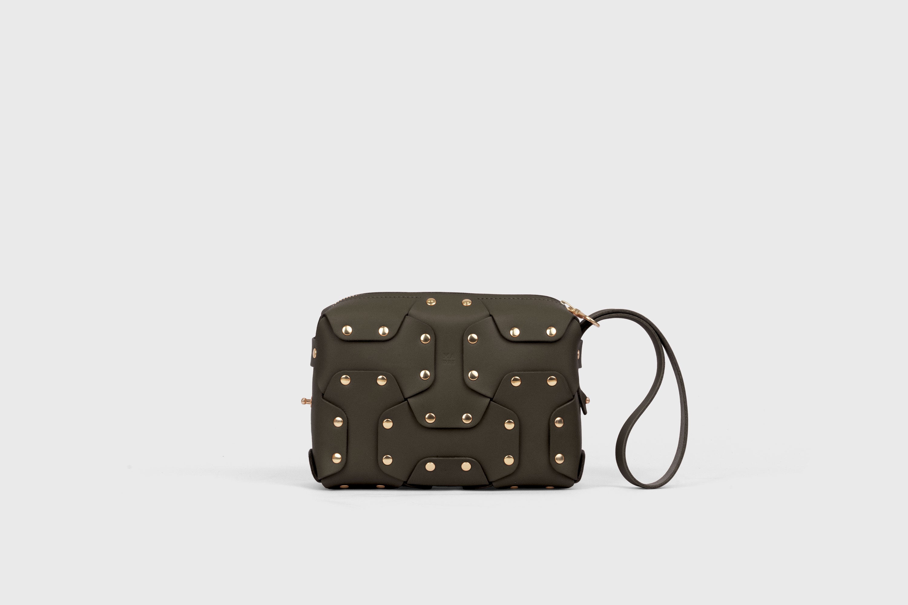 Double Rivet Bag, Olive Green Color,  Leather Full Grain Vegetable Tanned Leather Modern Minimalist Design Premium Quality Full Brass Clutch Crossbody Shoulder Bag from Atelier Madre, Manuel Dreesmann Barcelona Spain