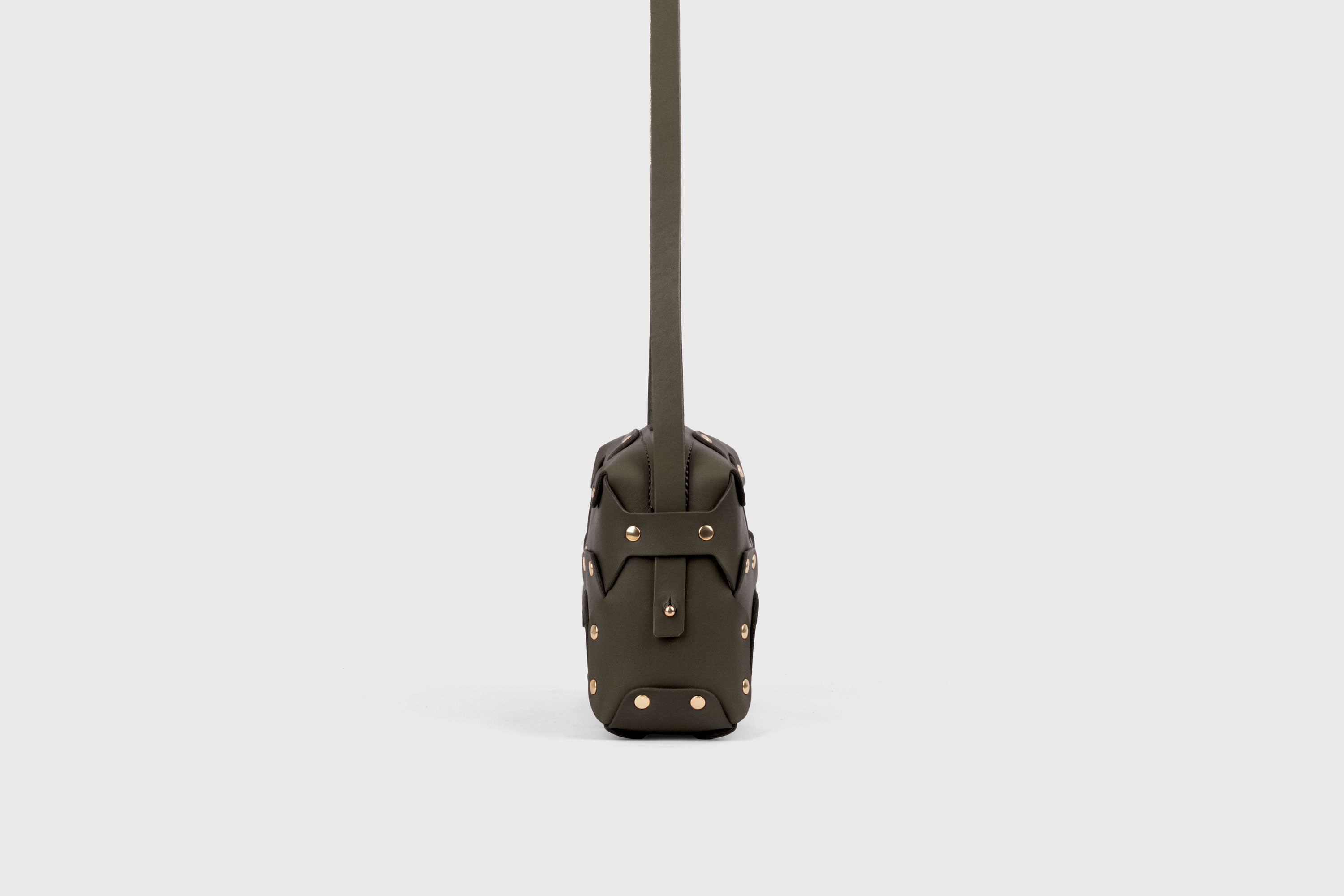Double Rivet Bag, Olive Green Color,  Leather Full Grain Vegetable Tanned Leather Modern Minimalist Design Premium Quality Full Brass Clutch Crossbody Shoulder Bag from Atelier Madre, Manuel Dreesmann Barcelona Spain