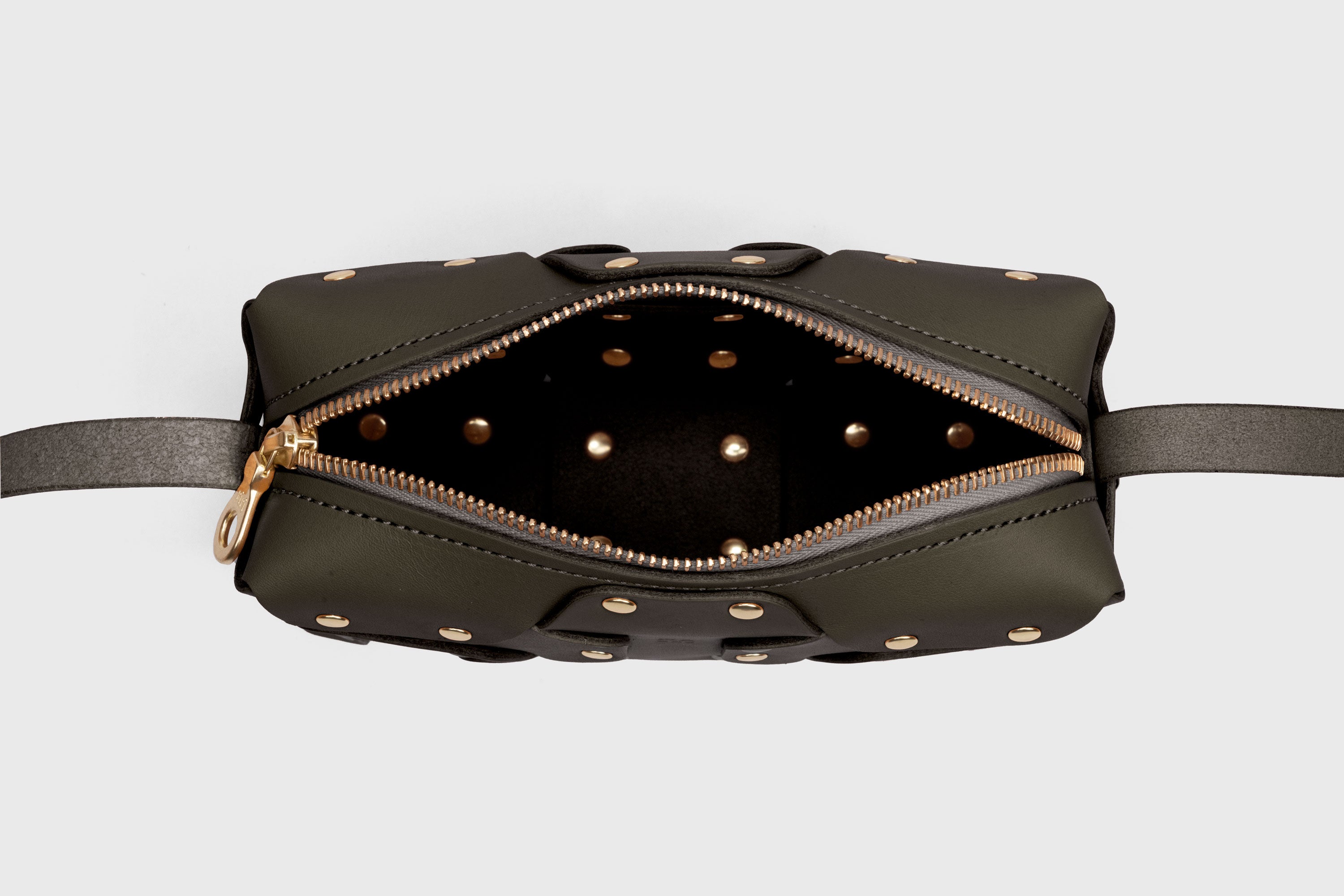 Double Rivet Bag, Olive Green Color,  Leather Full Grain Vegetable Tanned Leather Modern Minimalist Design Premium Quality Full Brass Clutch Crossbody Shoulder Bag from Atelier Madre, Manuel Dreesmann Barcelona Spain