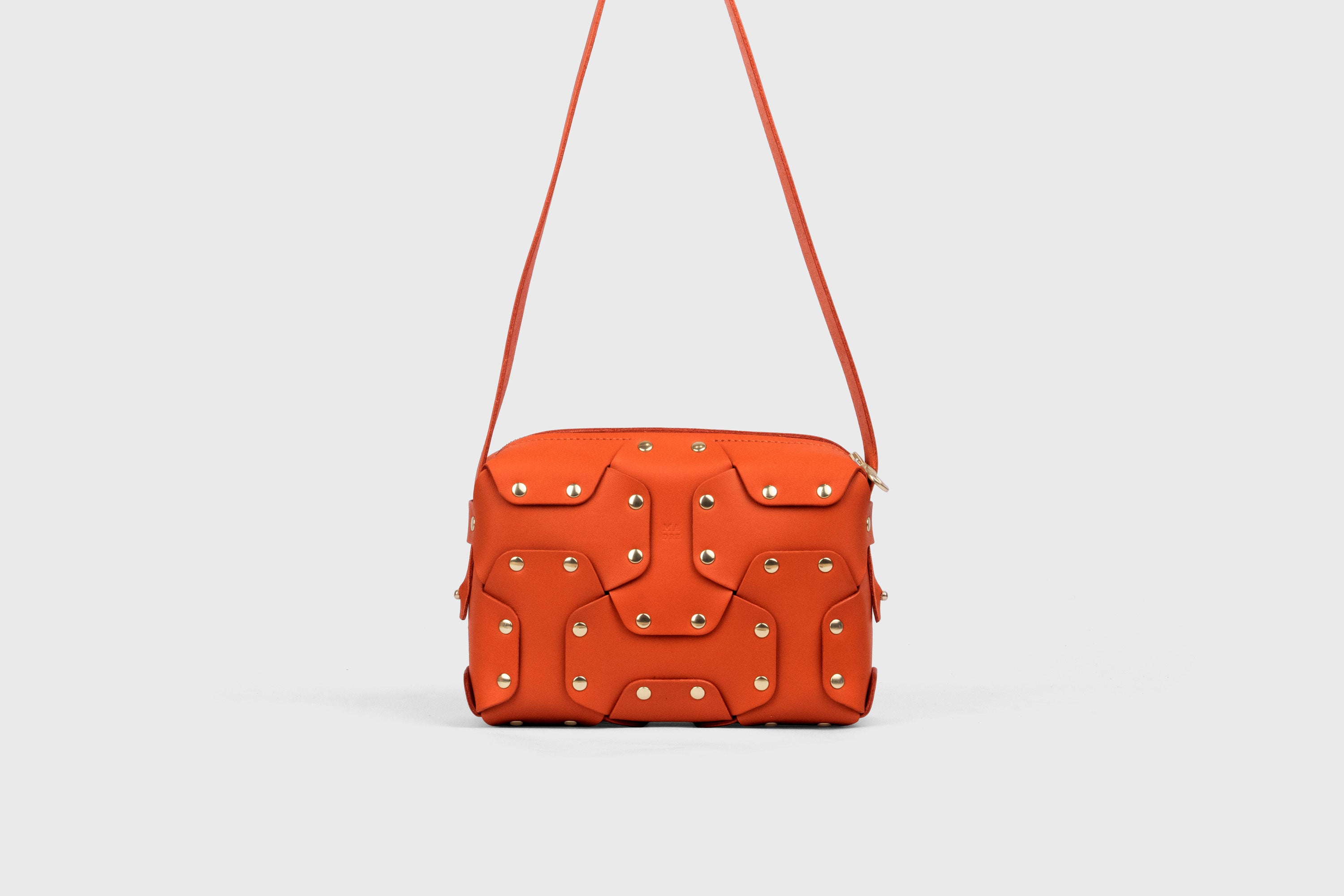 Double Rivet Bag, Orange Color,  Leather Full Grain Vegetable Tanned Leather Modern Minimalist Design Premium Quality Full Brass Clutch Crossbody Shoulder Bag from Atelier Madre, Manuel Dreesmann Barcelona Spain