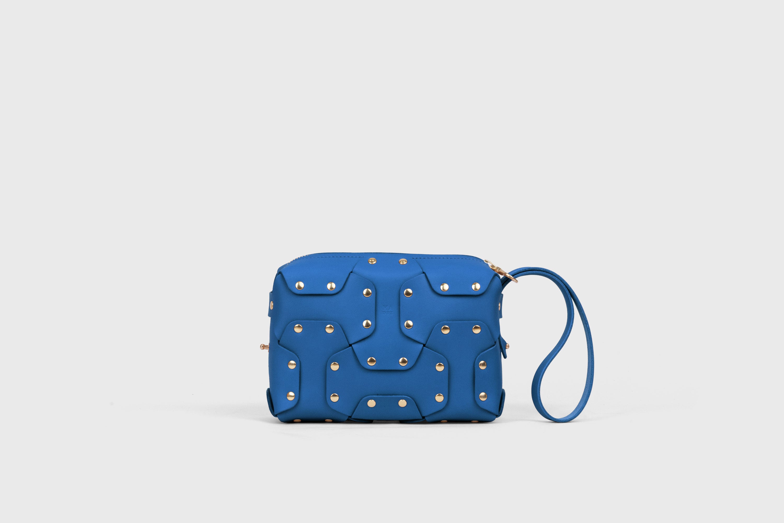 Double Rivet Bag, Royal Blue Color,  Leather Full Grain Vegetable Tanned Leather Modern Minimalist Design Premium Quality Full Brass Clutch Crossbody Shoulder Bag from Atelier Madre, Manuel Dreesmann Barcelona Spain