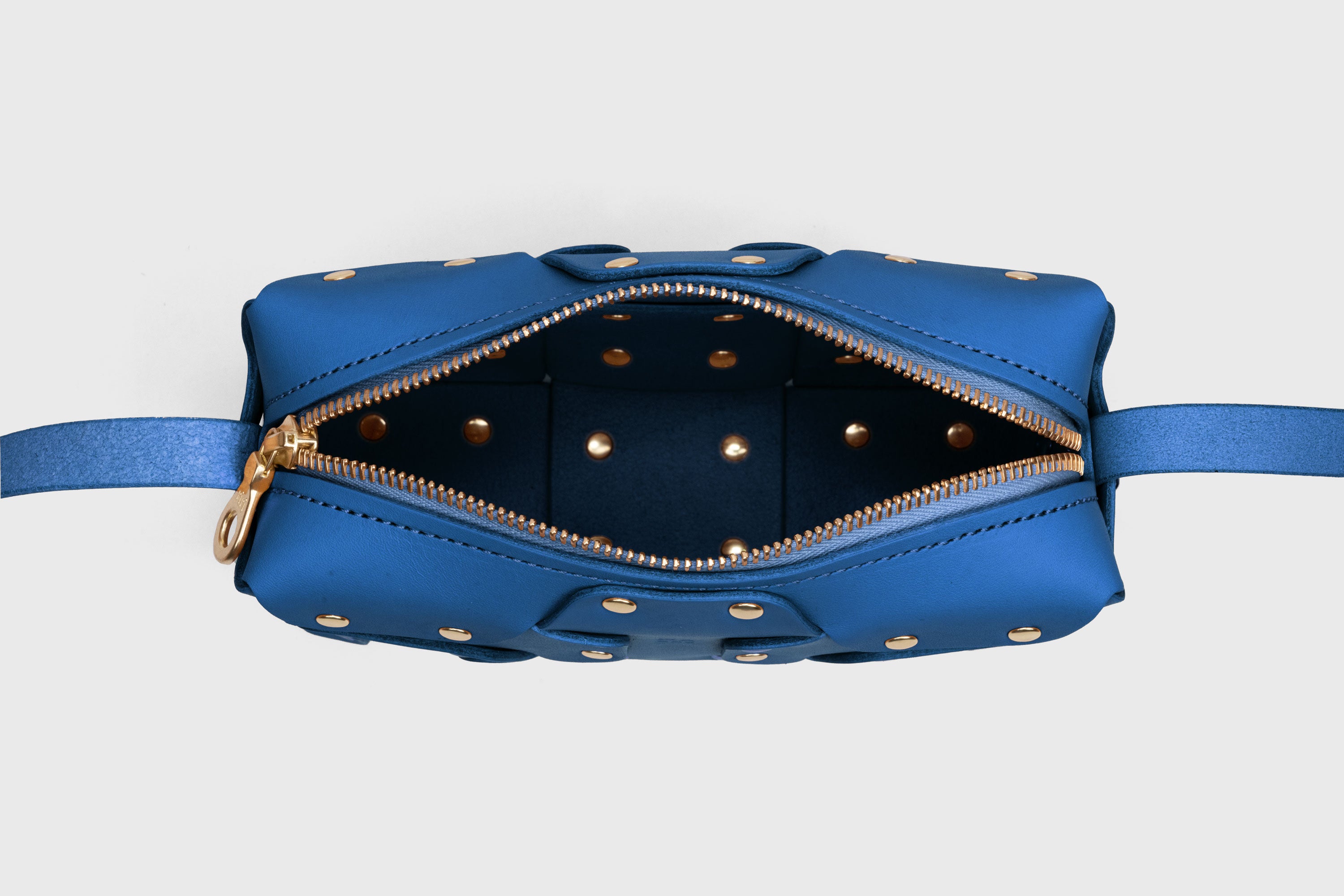 Double Rivet Bag, Royal Blue Color,  Leather Full Grain Vegetable Tanned Leather Modern Minimalist Design Premium Quality Full Brass Clutch Crossbody Shoulder Bag from Atelier Madre, Manuel Dreesmann Barcelona Spain
