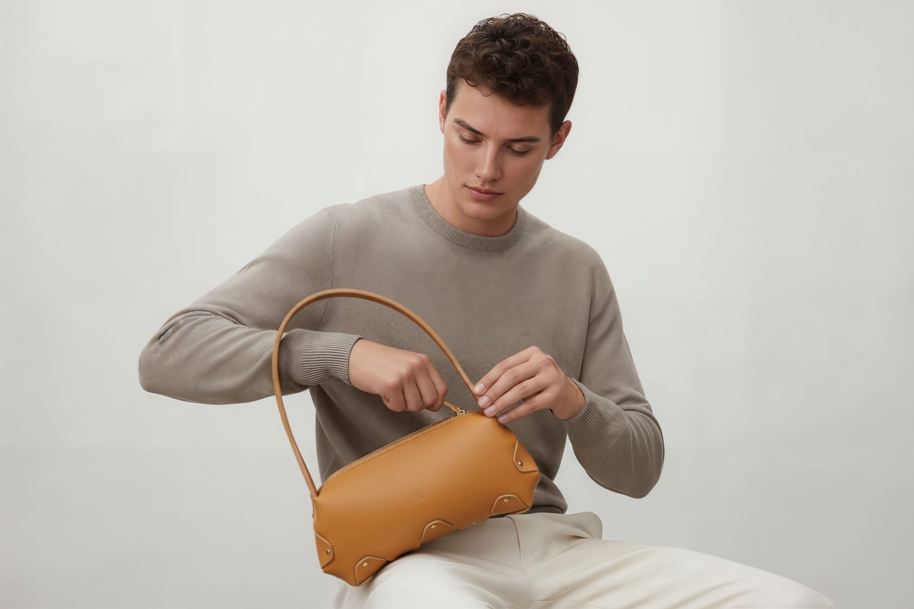 Fiona Bag Brown Color Leather On Man Model Bright Background Vegetable Tanned Leather Modern Minimalist Design Premium Quality Atelier Madre Manuel Dreesmann Barcelona Spain