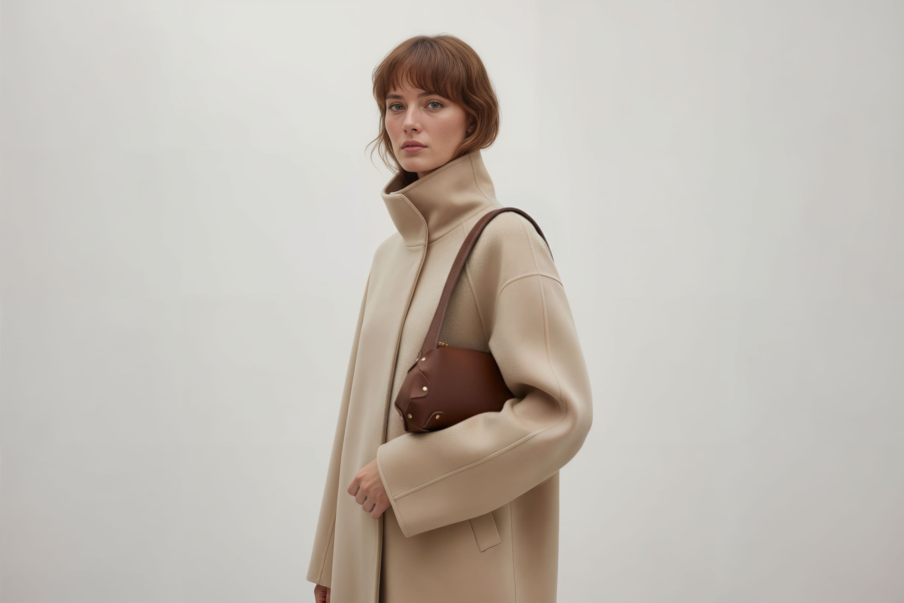 Fiona Bag Dark Brown Color Leather On Woman Model Bright Background Vegetable Tanned Leather Modern Minimalist Design Premium Quality Atelier Madre Manuel Dreesmann Barcelona Spain