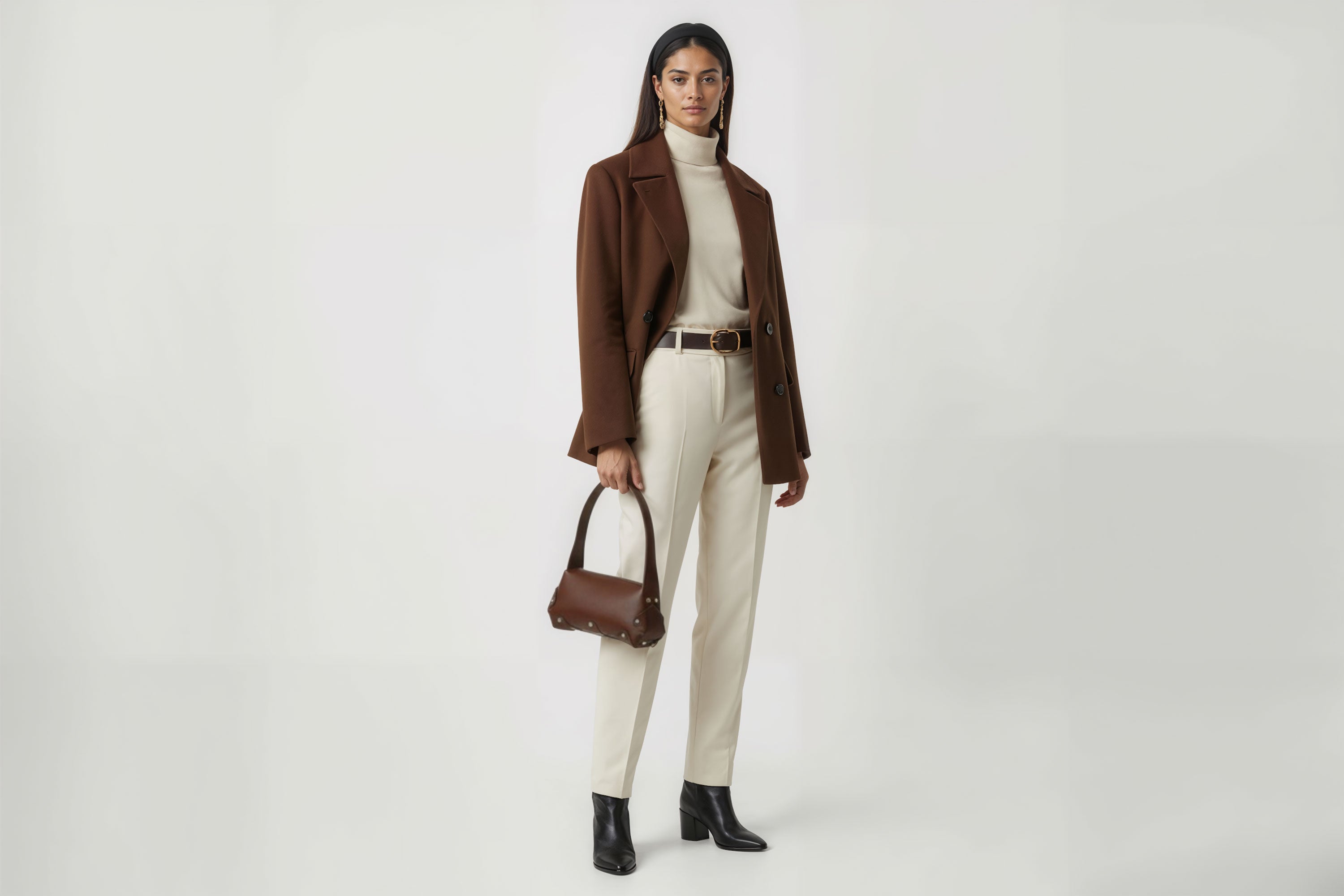 Fiona Bag Dark Brown Color Leather On Woman Model Bright Background Vegetable Tanned Leather Modern Minimalist Design Premium Quality Atelier Madre Manuel Dreesmann Barcelona Spain