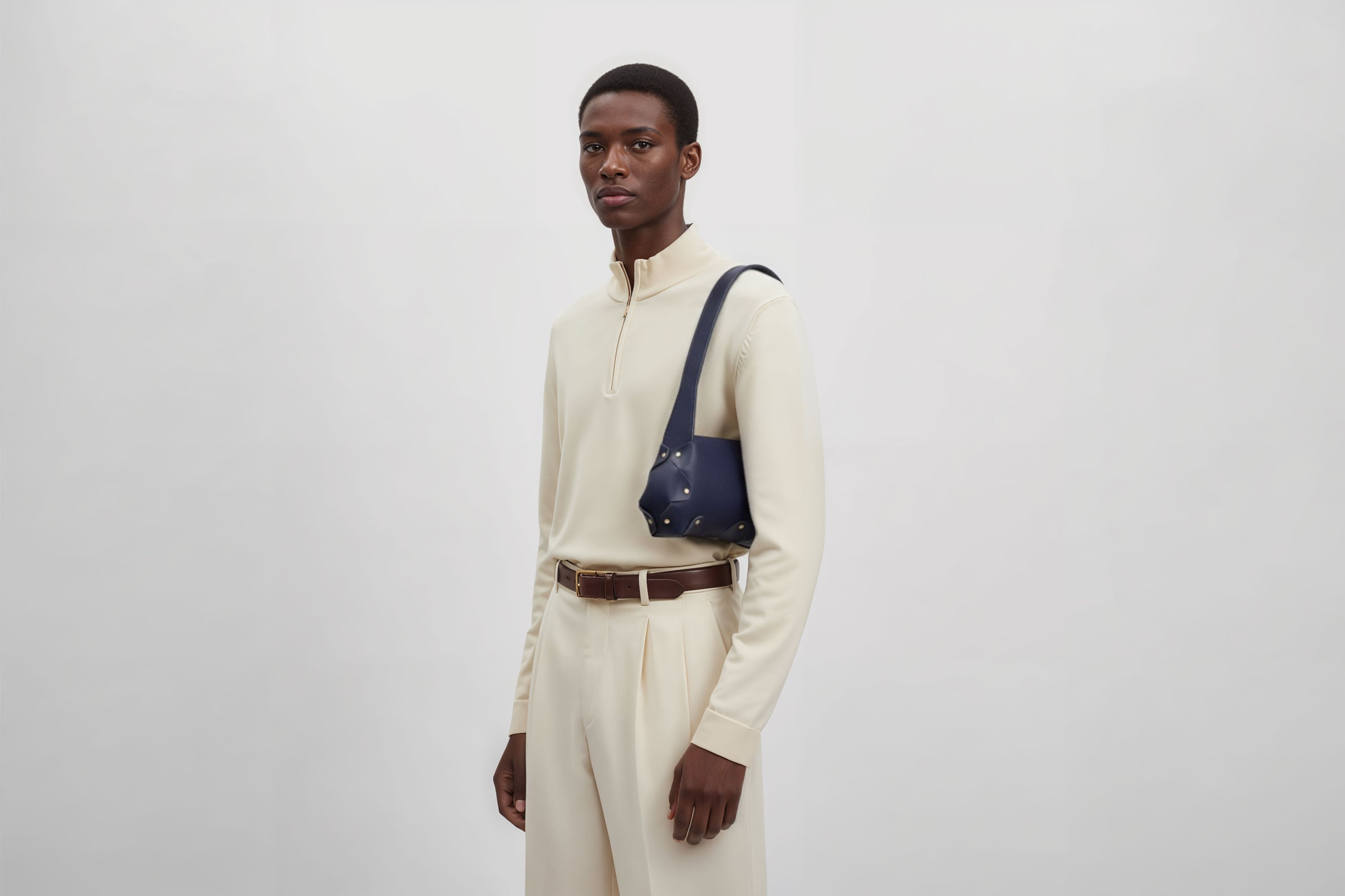 Fiona Bag Marine Blue Colour Leather On Man Model Bright Background Vegetable Tanned Leather Modern Minimalist Design Premium Quality Atelier Madre Manuel Dreesmann Barcelona Spain