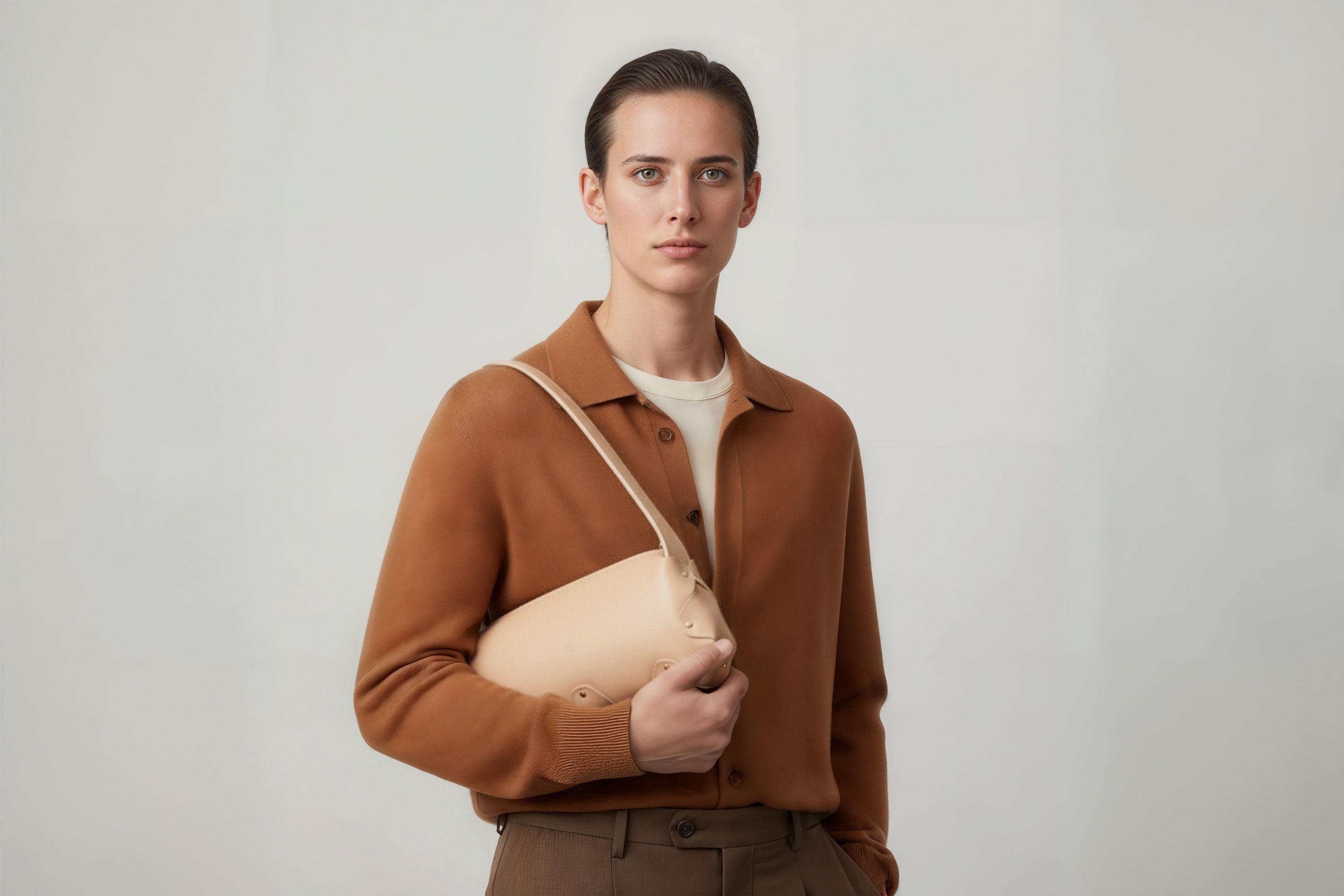 Fiona Bag Natural Color Leather On Man Model Bright Background Vegetable Tanned Leather Modern Minimalist Design Premium Quality Atelier Madre Manuel Dreesmann Barcelona Spain