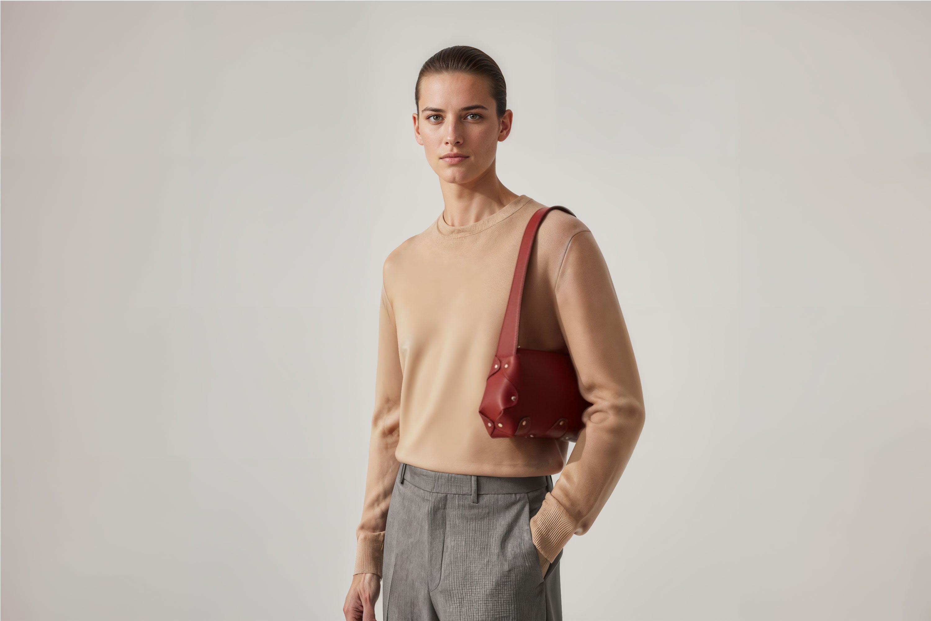 Fiona Bag Red Color Leather On Man Model Bright Background Vegetable Tanned Leather Modern Minimalist Design Premium Quality Atelier Madre Manuel Dreesmann Barcelona Spain