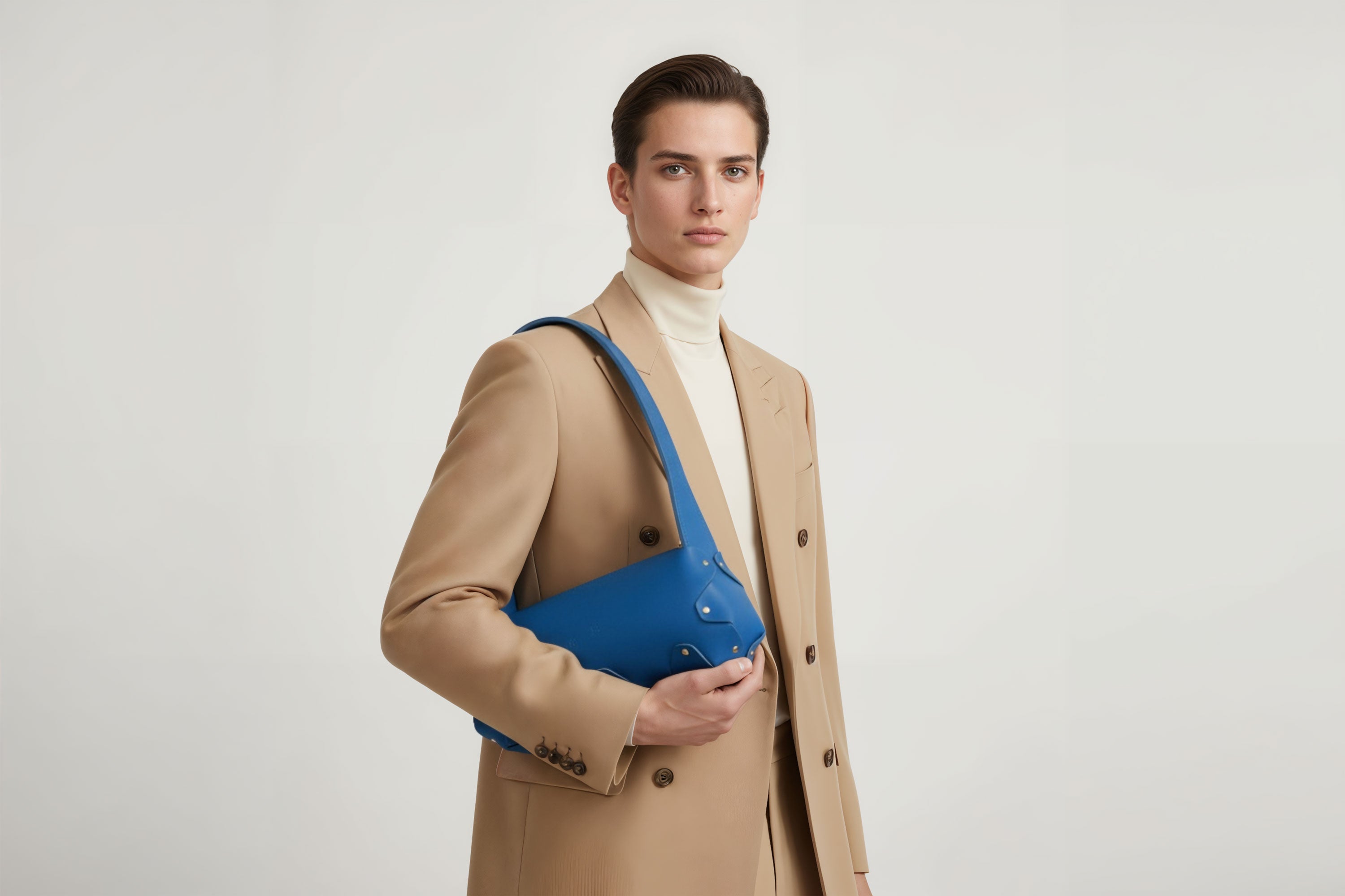 Fiona Bag Royal Blue Colour Leather On Man Model Bright Background Vegetable Tanned Leather Modern Minimalist Design Premium Quality Atelier Madre Manuel Dreesmann Barcelona Spain