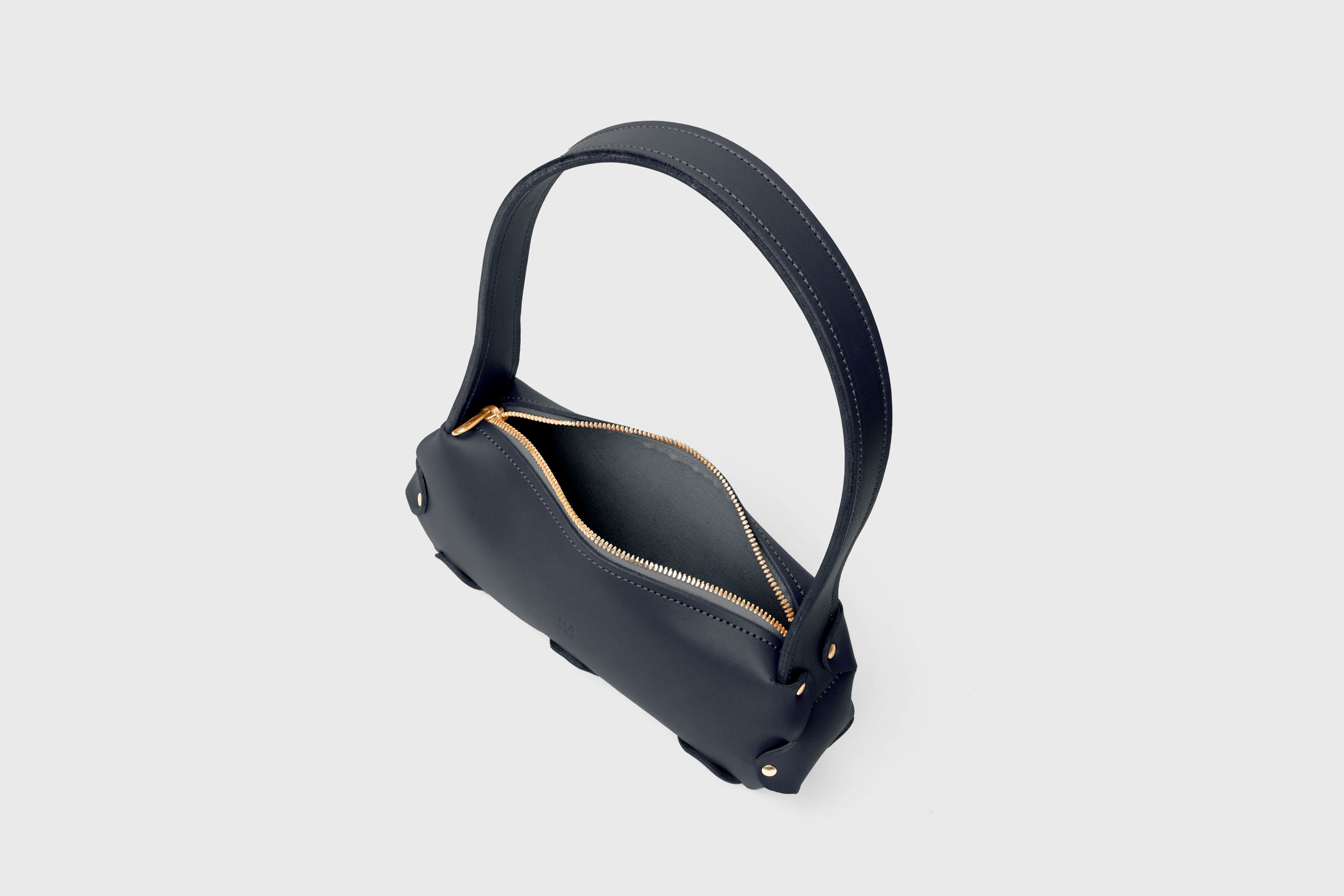 Fiona Bag Small Marine Blue Color Premium Quality Leather Zipper Shoulder Bag Minimalist Modern Design, Atelier Madre Manuel Dreesmann Barcelona