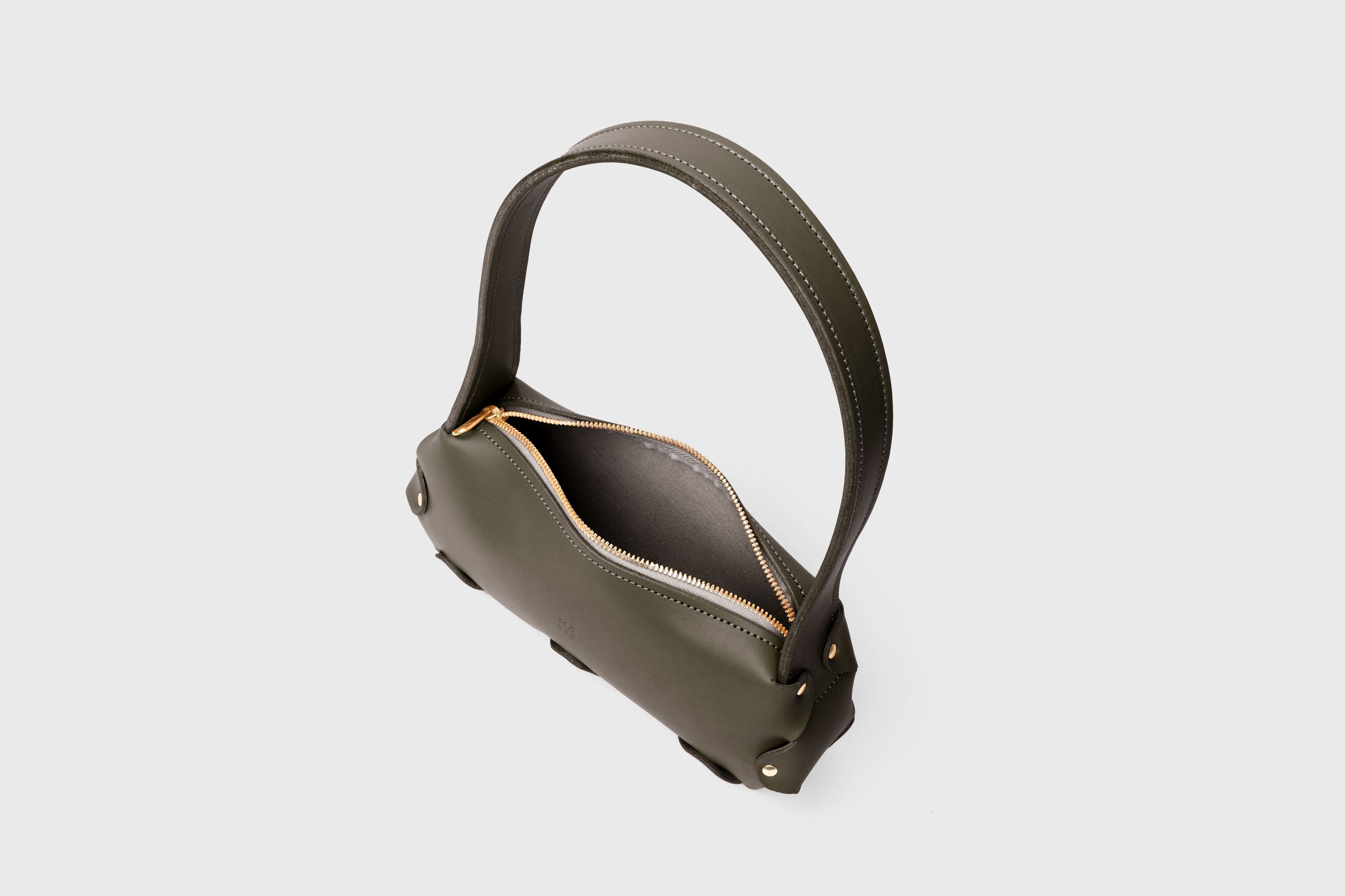 Fiona Bag Small Olive Green Premium Quality Leather Zipper Shoulder Bag Minimalist Modern Design, Atelier Madre Manuel Dreesmann Barcelona