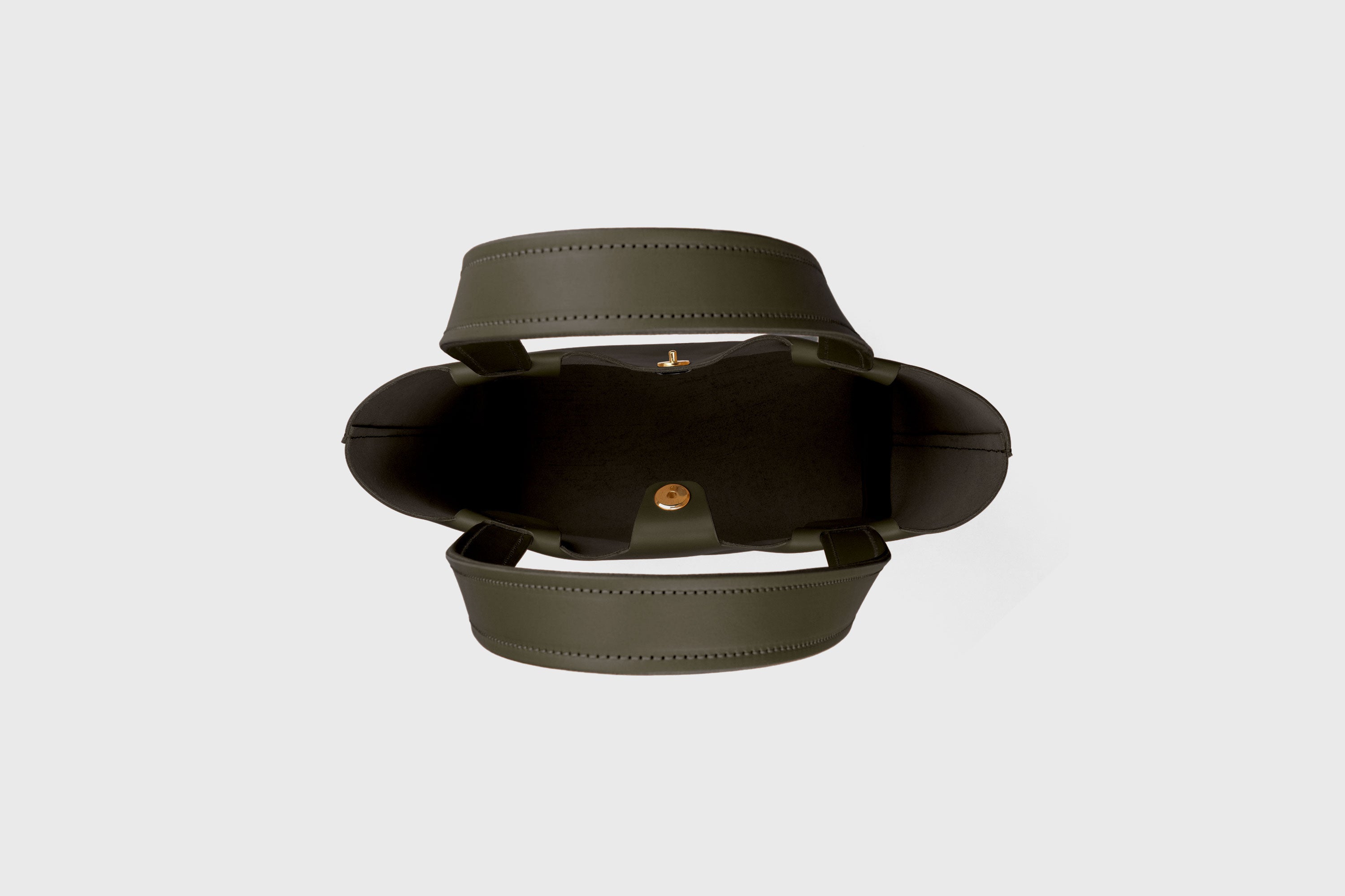 Karin Bag Closure In Olive Green Color In Vegetable Tanned Leather Magnetic Closure Open Top Minimalistic Design Barcelona Spain