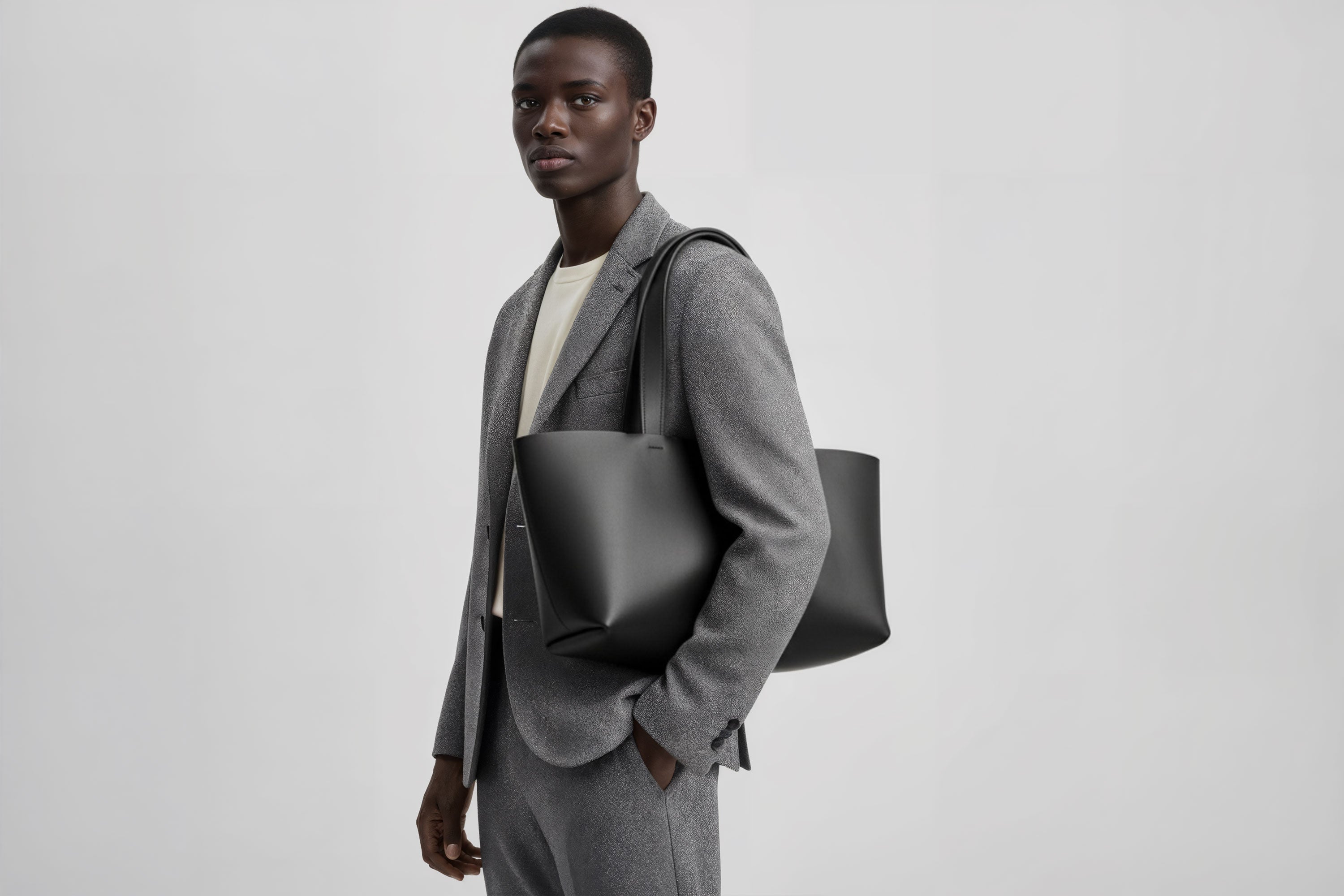 Karin Tote Bag Black Color On A Man Model Vegetable Tanned Leather Vachetta Minimalistic Design Premium Atelier Madre Manuel Dreesmann Barcelona Spain