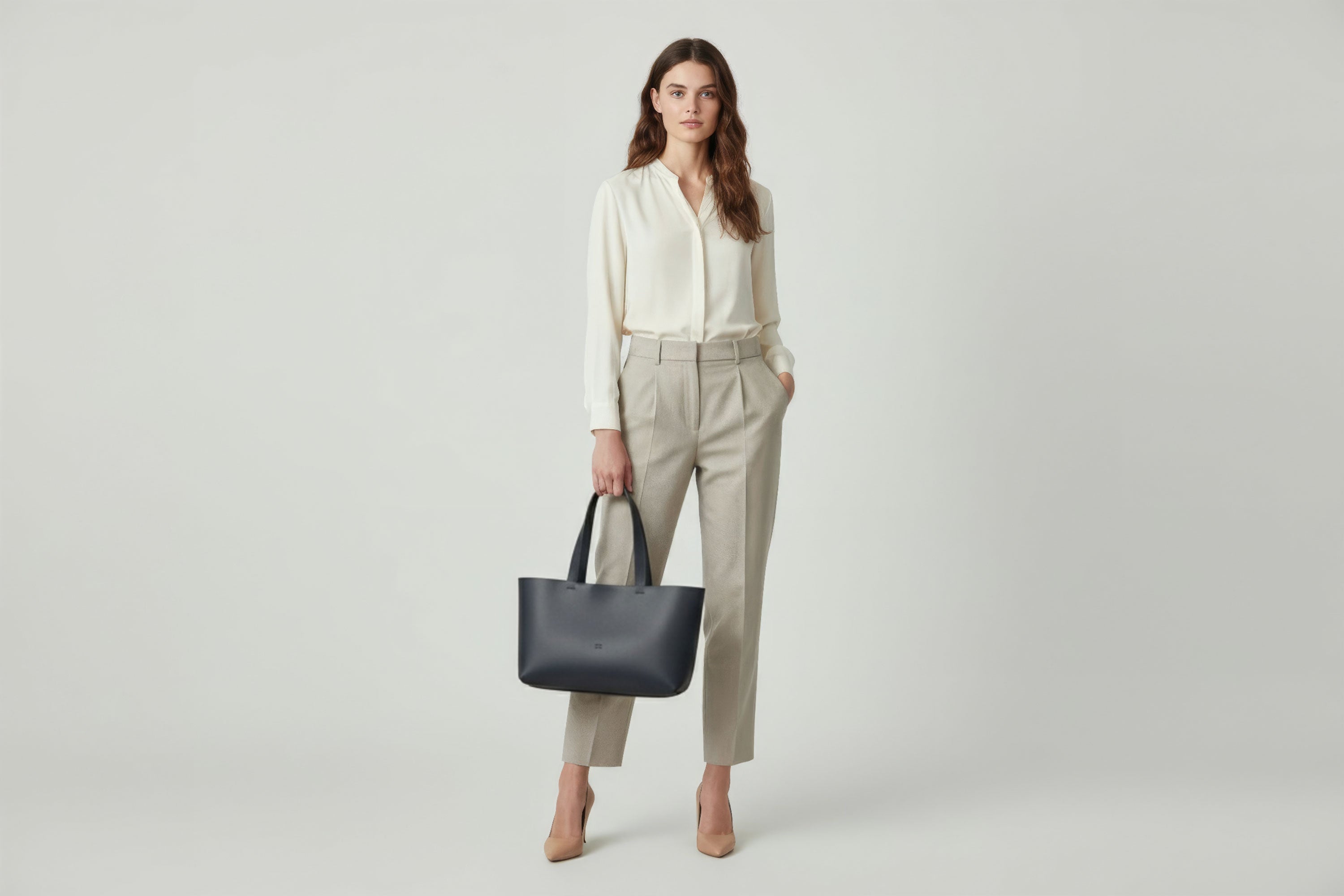 Karin Tote Bag Marine Blue Color On A Woman Model Vegetable Tanned Leather Vachetta Minimalistic Design Premium Atelier Madre Manuel Dreesmann Barcelona Spain