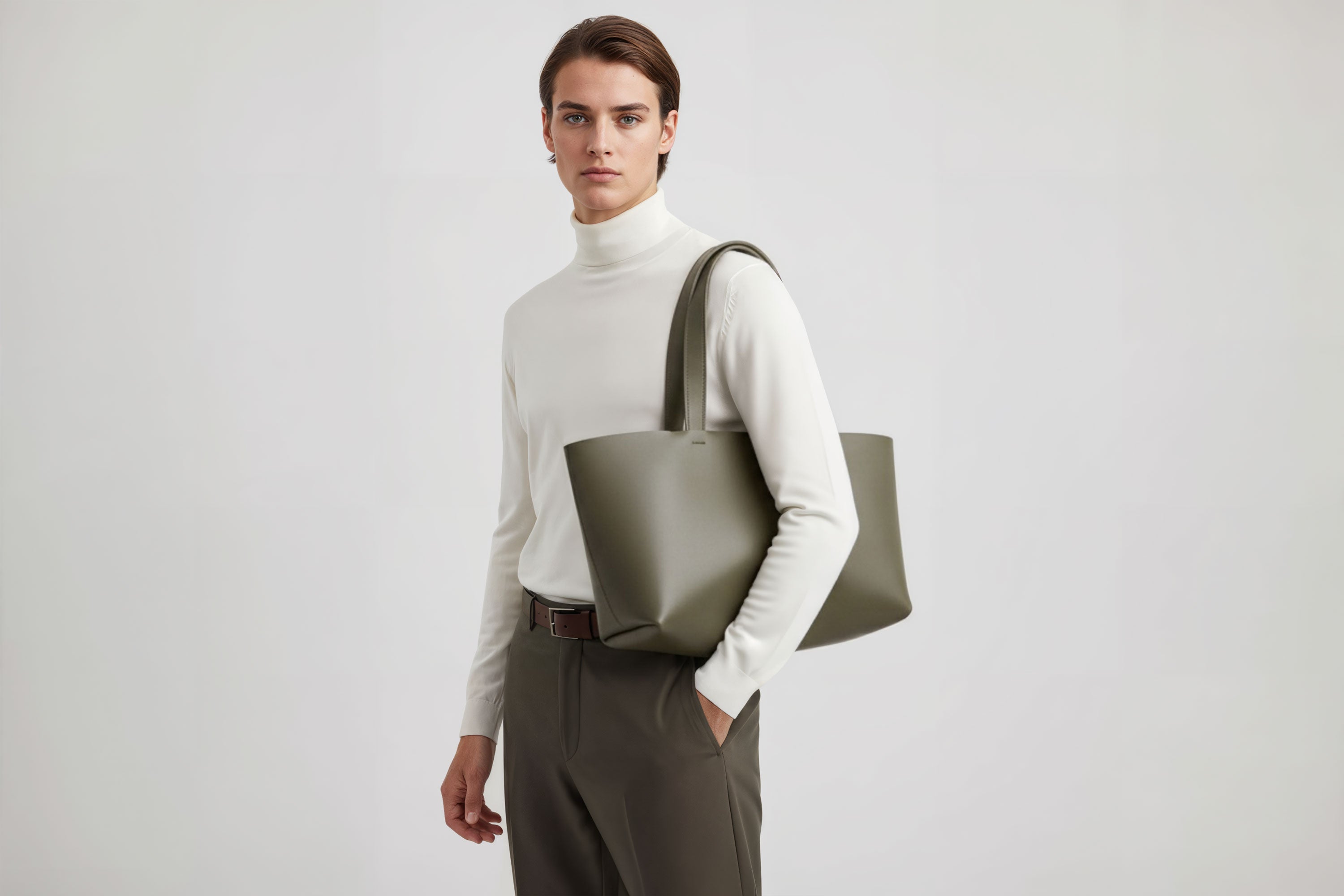Karin Tote Bag Olive Green Color On A Man Model Vegetable Tanned Leather Vachetta Minimalistic Design Premium Atelier Madre Manuel Dreesmann Barcelona Spain