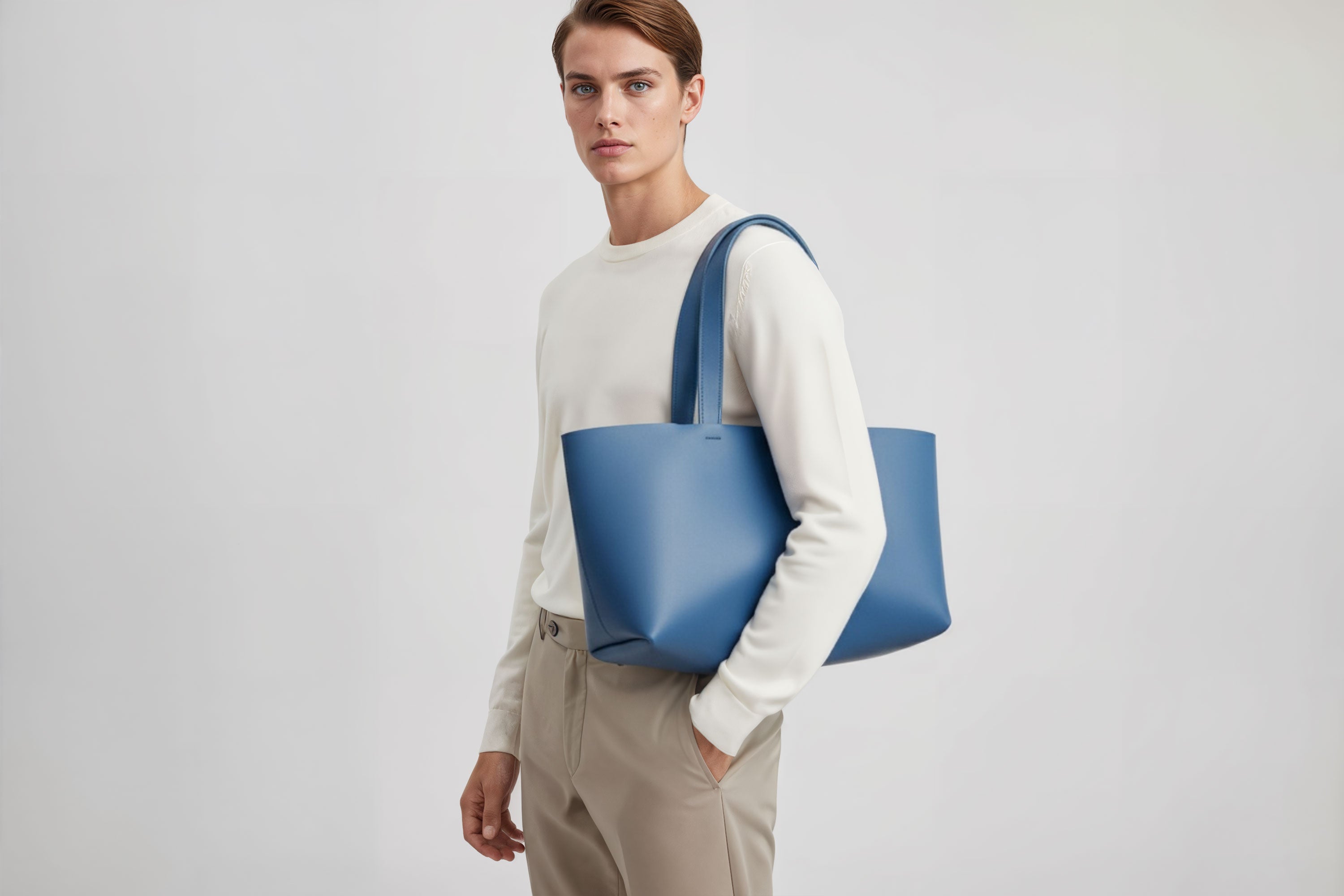 Karin Tote Bag Royal Blue Colour On A Man Model Vegetable Tanned Leather Vachetta Minimalistic Design Premium Atelier Madre Manuel Dreesmann Barcelona Spain