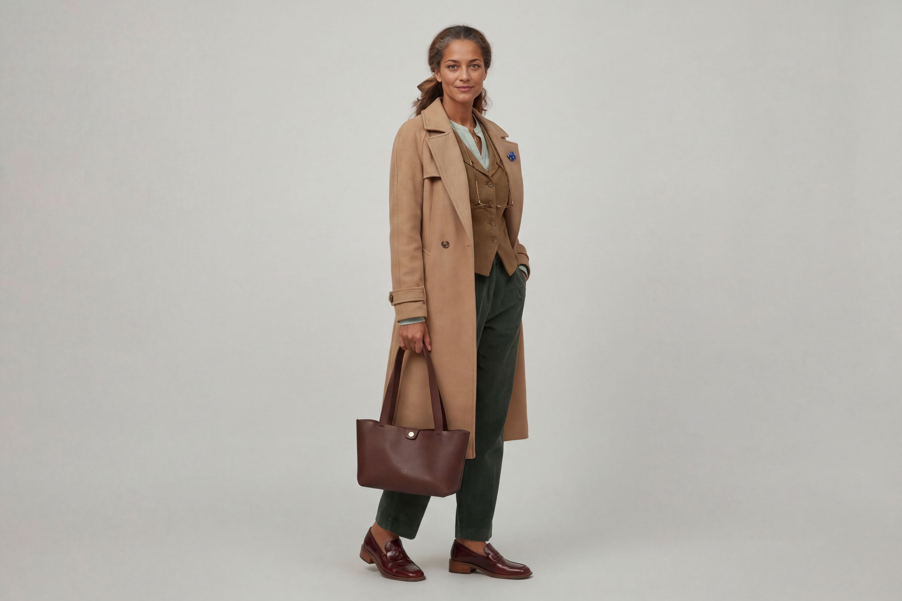 Karin Tote Bag Small Dark Brown Color On A Woman Model Premium Leather Royal Blue Color Magnetic Closure Minimalist Design Atelier Madre Manuel Dreesmann Barcelona Spain